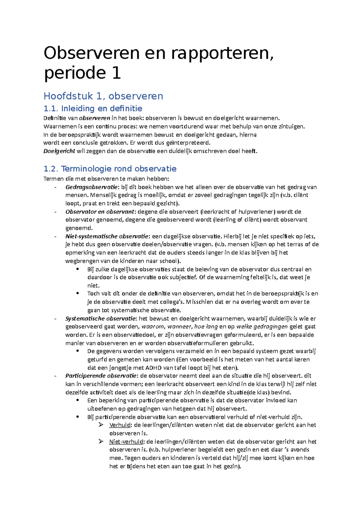 Periode 1, Samenvatting Observeren En Rapporteren - Observeren En ...