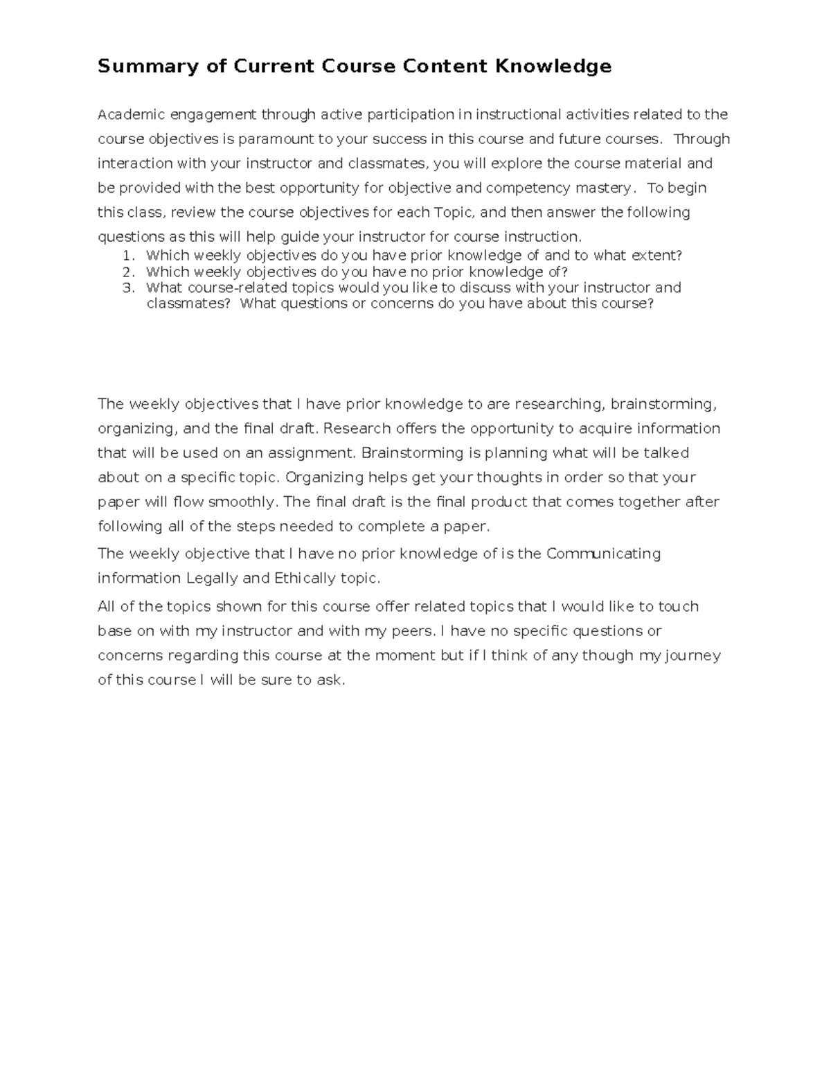 Summary of Current Course Content Knowledge - Through interaction with ...