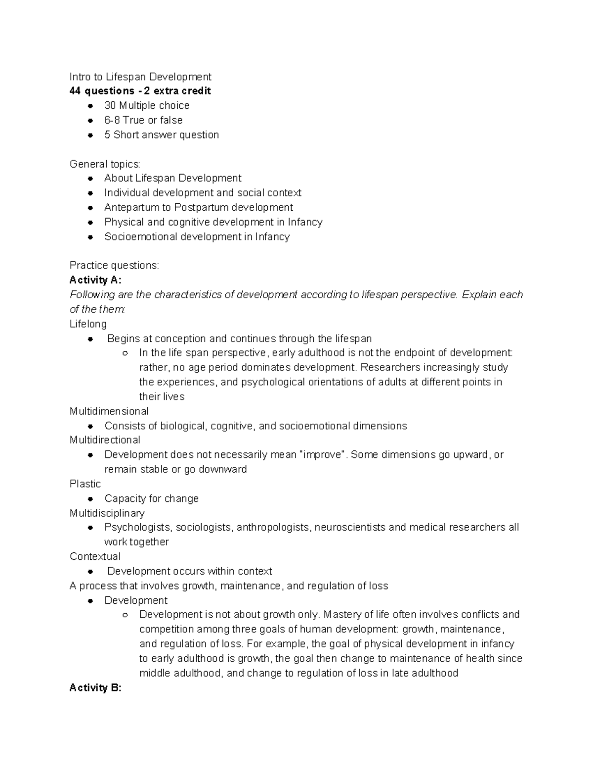 EXAM 1 Review Guide - Intro to Lifespan Development 44 questions 2 ...