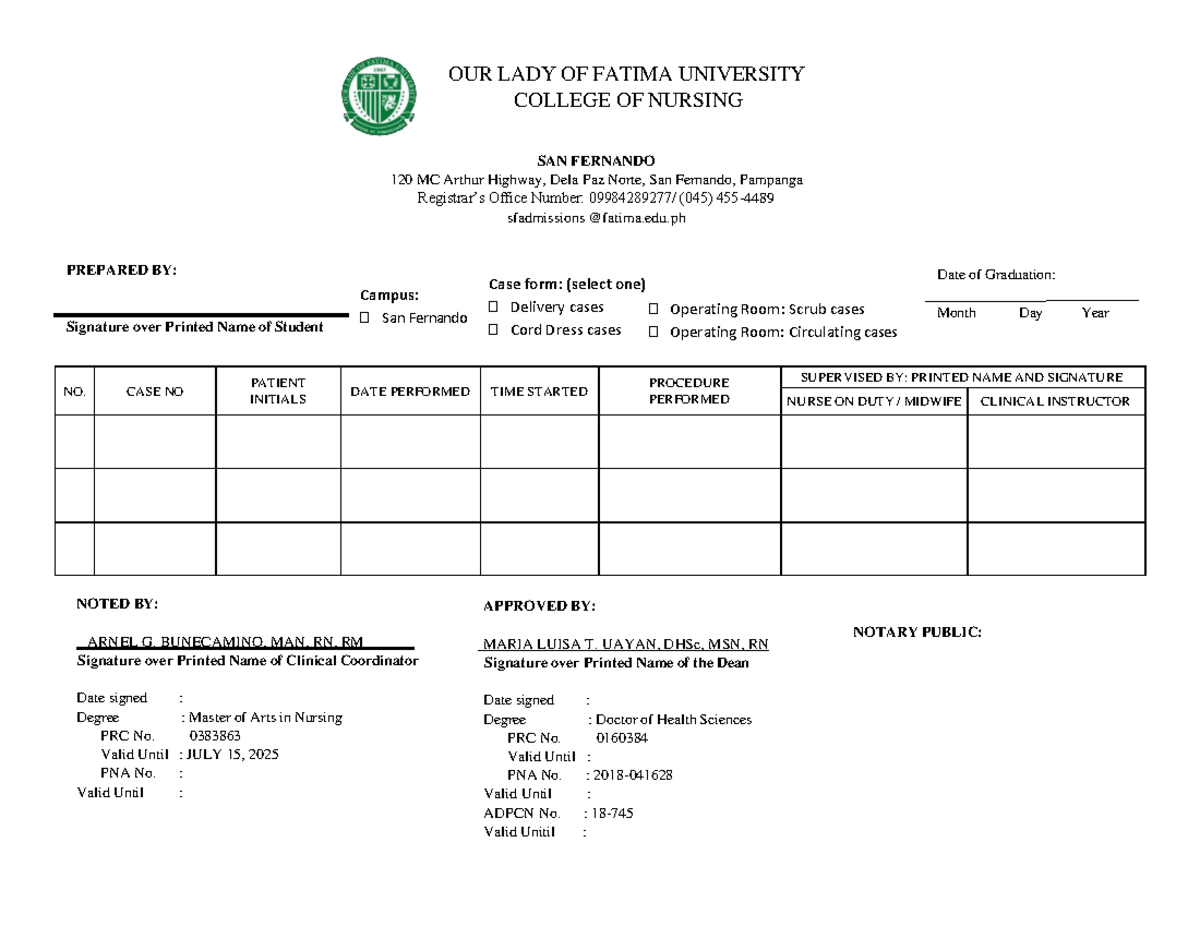 Tempo-CASE-FORM - idk - OUR LADY OF FATIMA UNIVERSITY COLLEGE OF ...