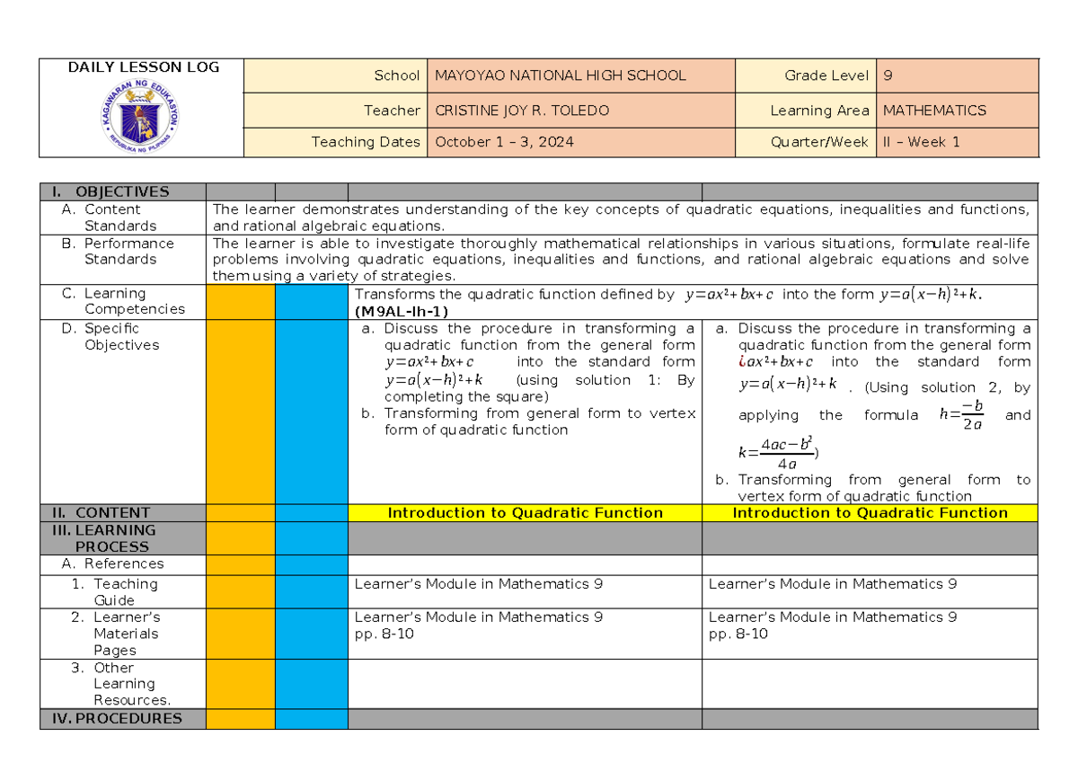 October 1-4, 2024 - lesson log for math 9 - DAILY LESSON LOG School ...