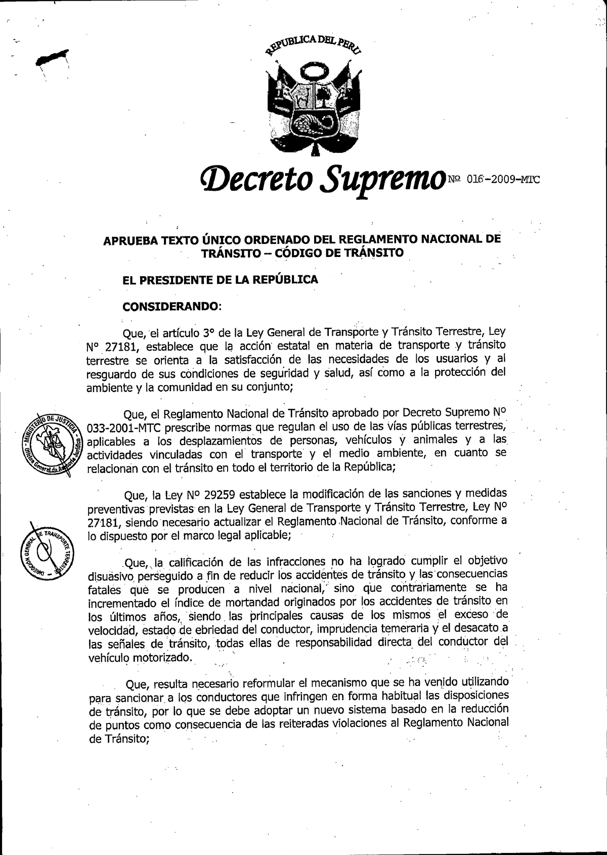 Decreto Supremo N° 016-2009-MTC - Analisis Matematico - Studocu