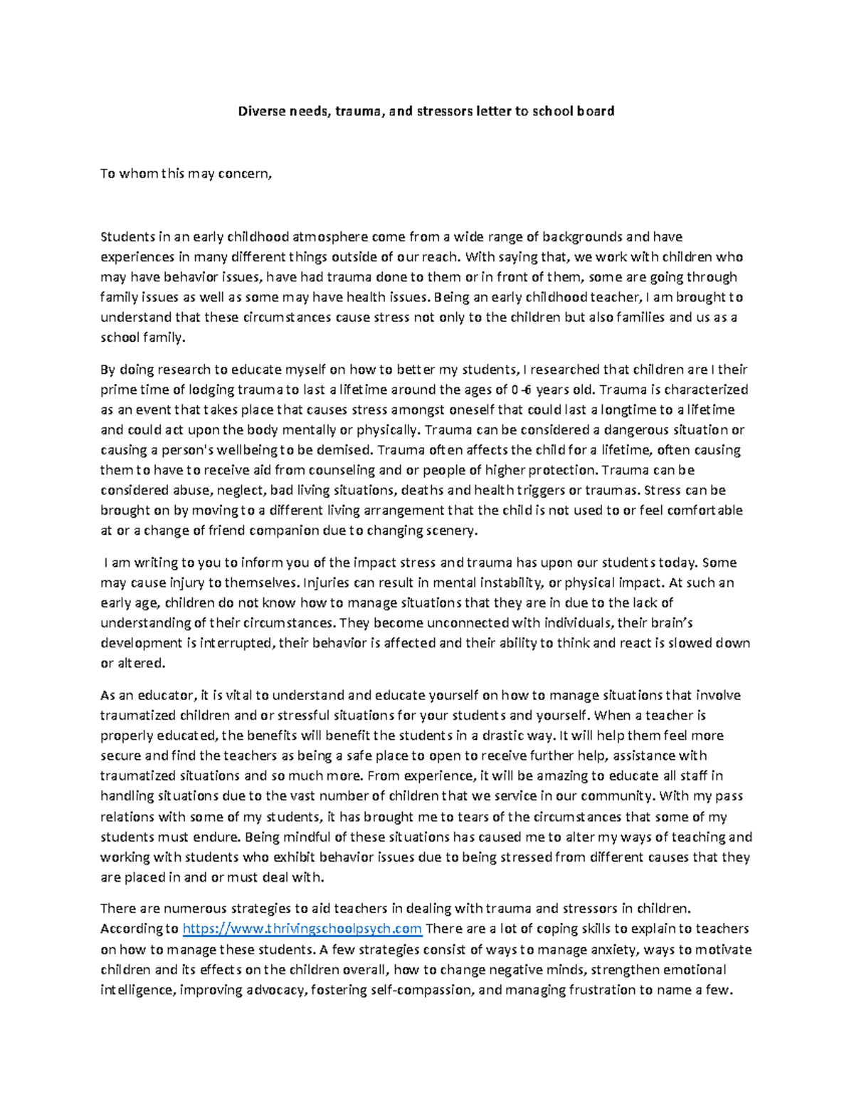Diverse needs, trauma, and stressors letter to school board - With ...