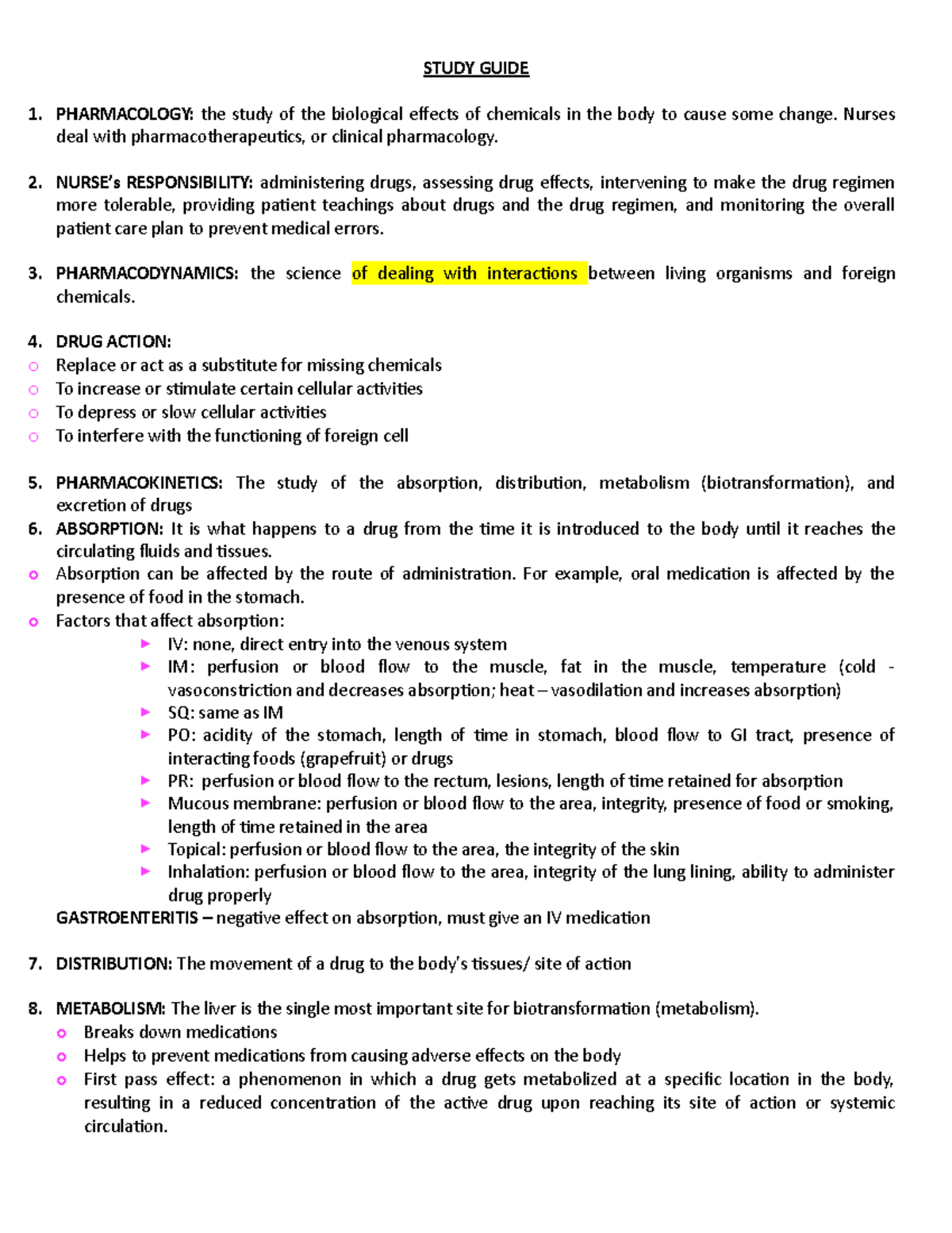 EXAM 1 Pharmacology - Notes - STUDY GUIDE PHARMACOLOGY: The Study Of ...