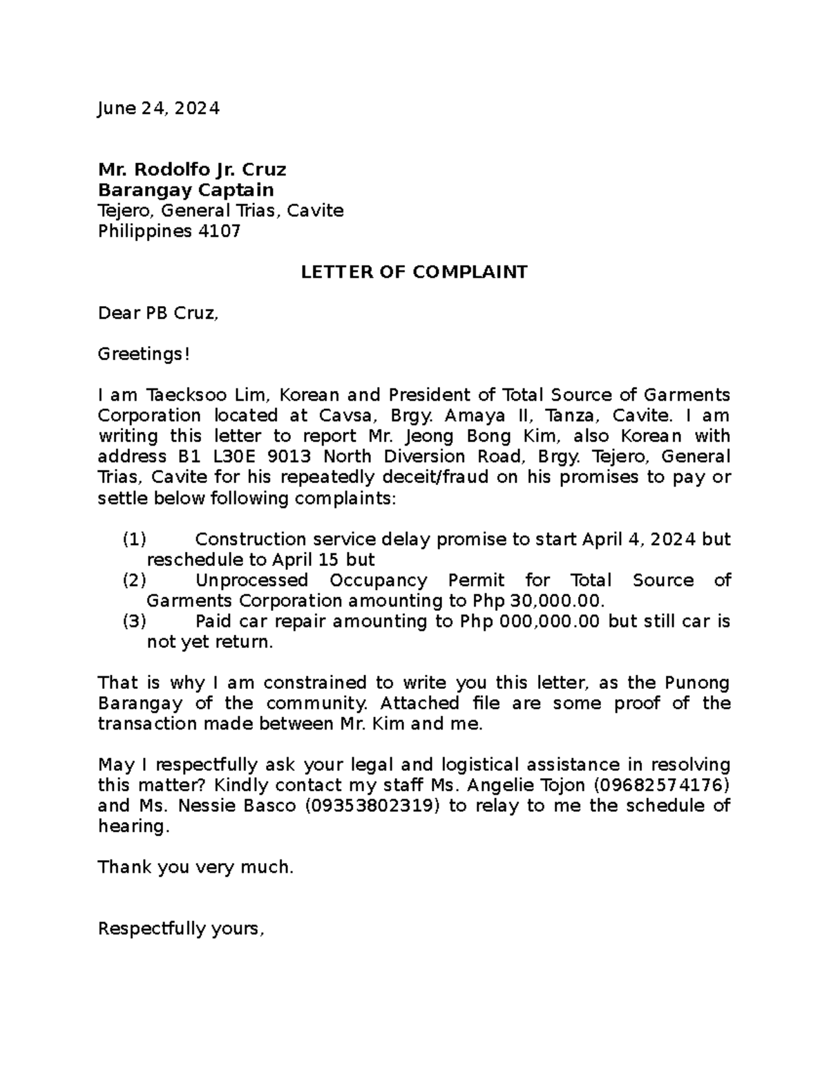 Brgy Complain-Mr.Lim to Mr.Kim-Contractor 07092024 - June 24, 2024 Mr ...