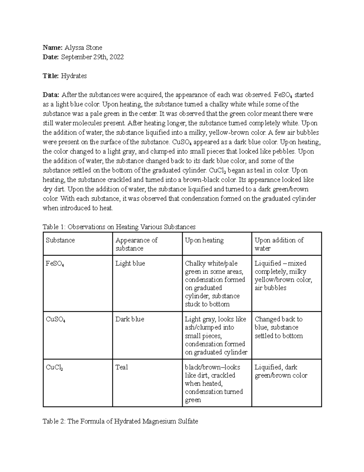 Lab 4 (hydrates) fourth lab given for course. perfectly scored. great