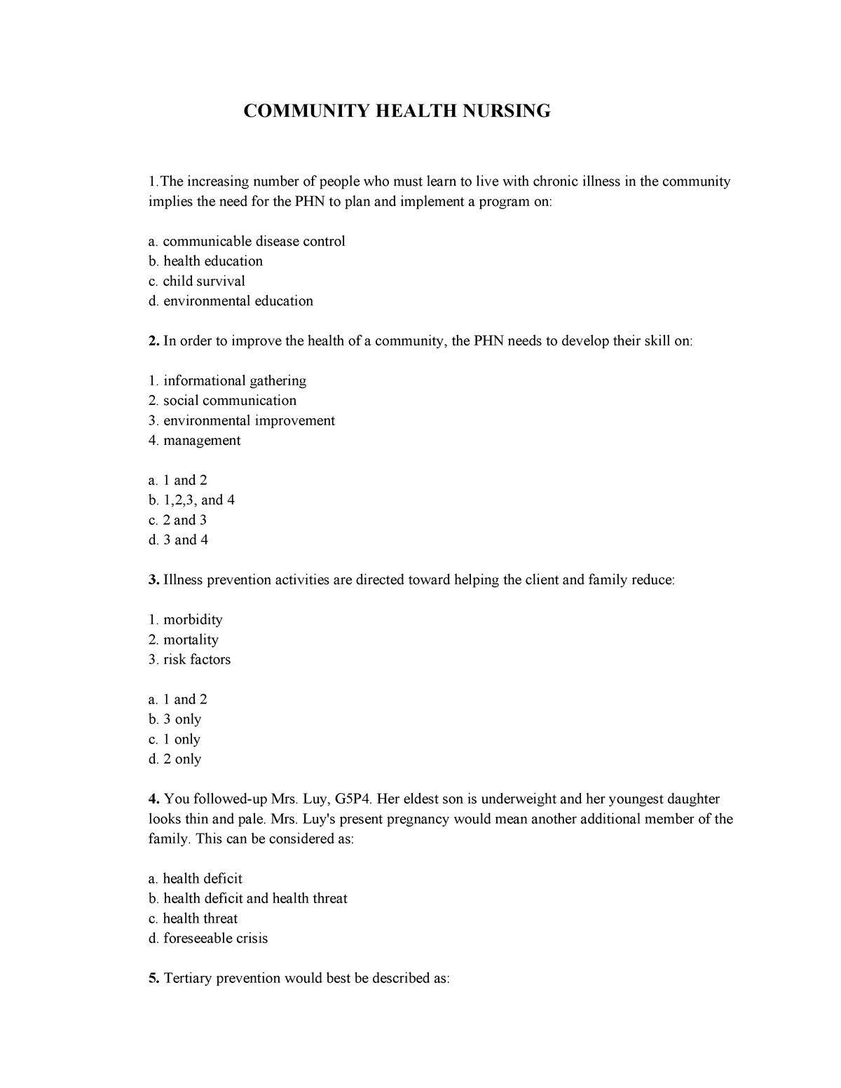 Community Health Nursing 2 Questions Answer Key COMMUNITY HEALTH 