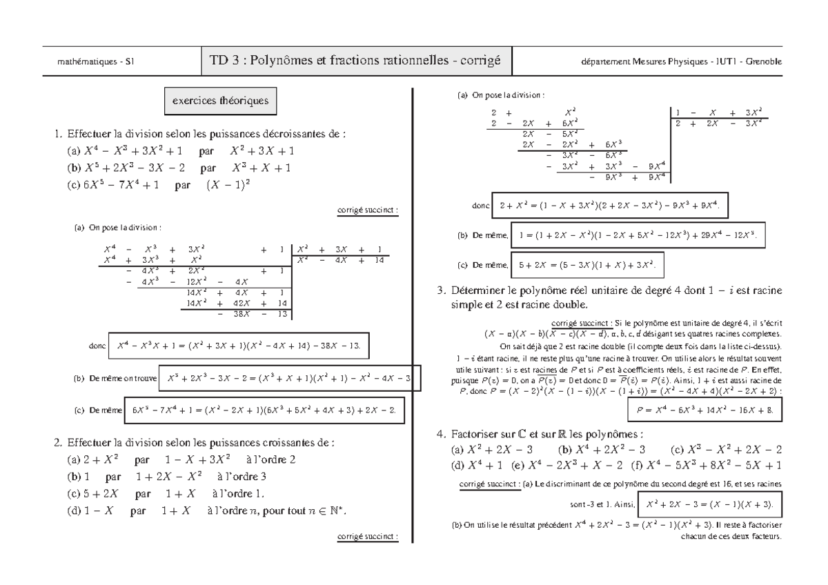 TD 3 Polynomes - cour et exercice - mathématiques - S1 TD 3 : Polynômes ...