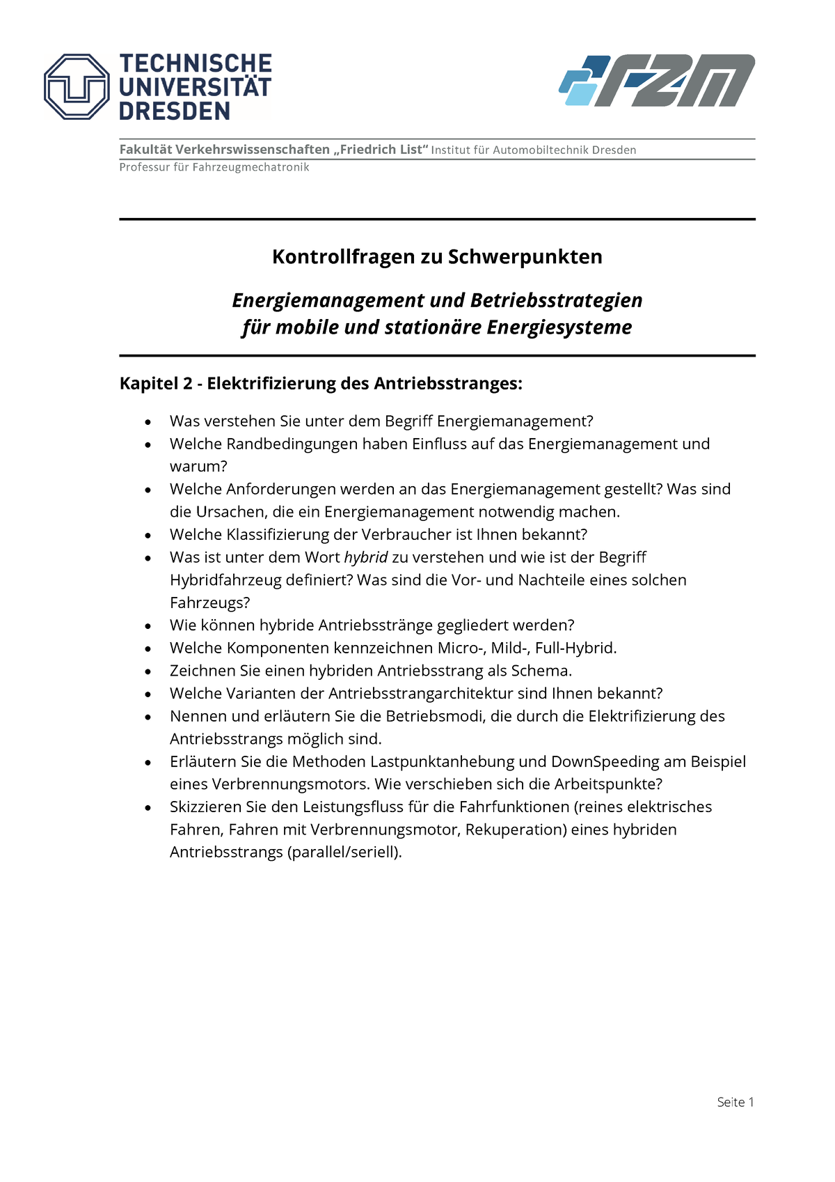 Kontrollfragen - Fragenkatalog - Fakultät Verkehrswissenschaften ...