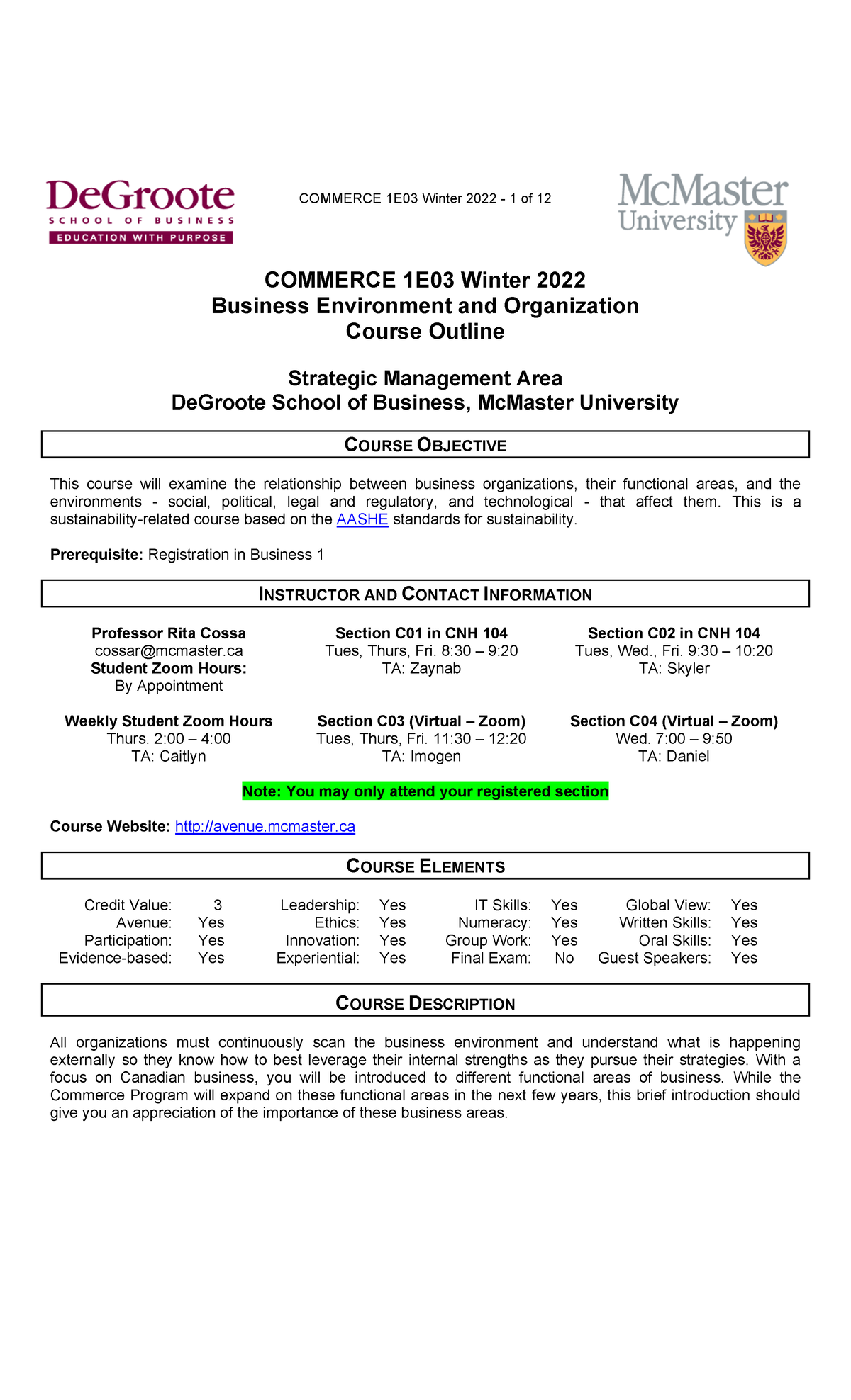 COMM 1E03 W2022 Course Outline Dec 29 Avenue - COMMERCE 1E03 Winter ...