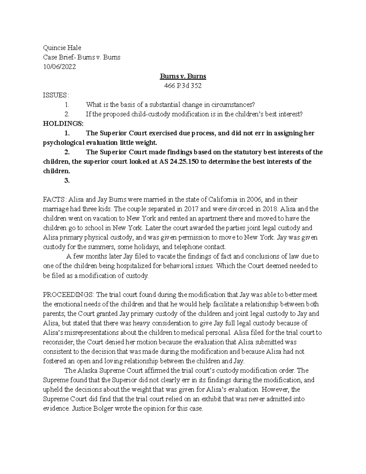 Burns v. Burns Case Brief Quincie Hale Case Brief Burns v. Burns 10