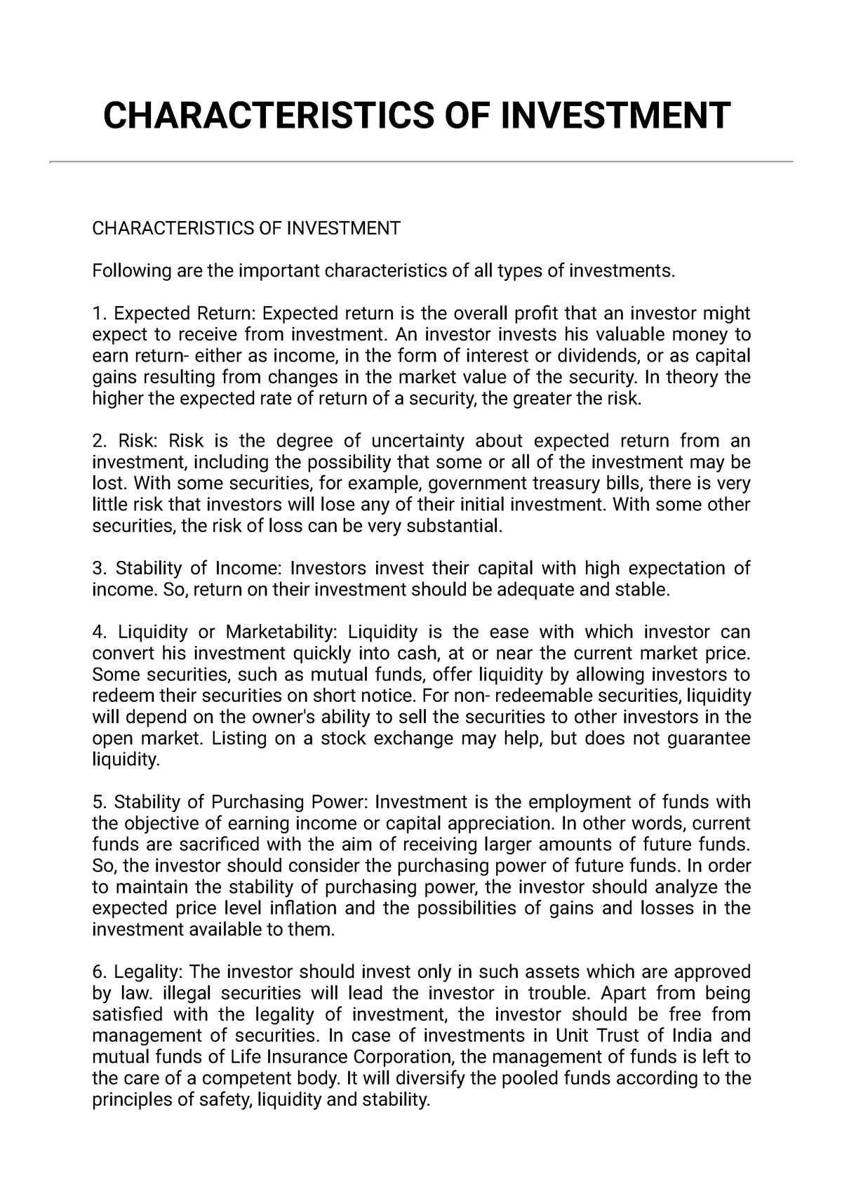 Lecture Note - CHARACTERISTICS OF INVESTMENT - CHARACTERISTICS OF ...