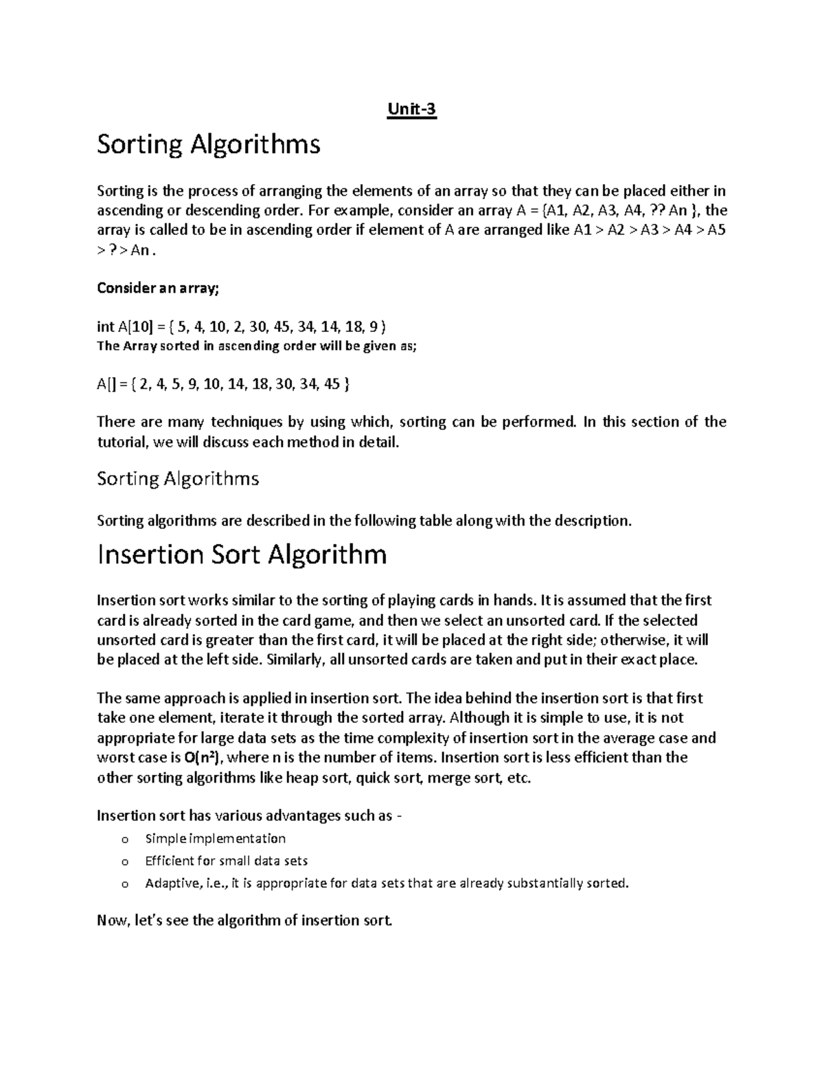 DS unit-3 - Summary data structure - Unit- 3 Sorting Algorithms Sorting ...