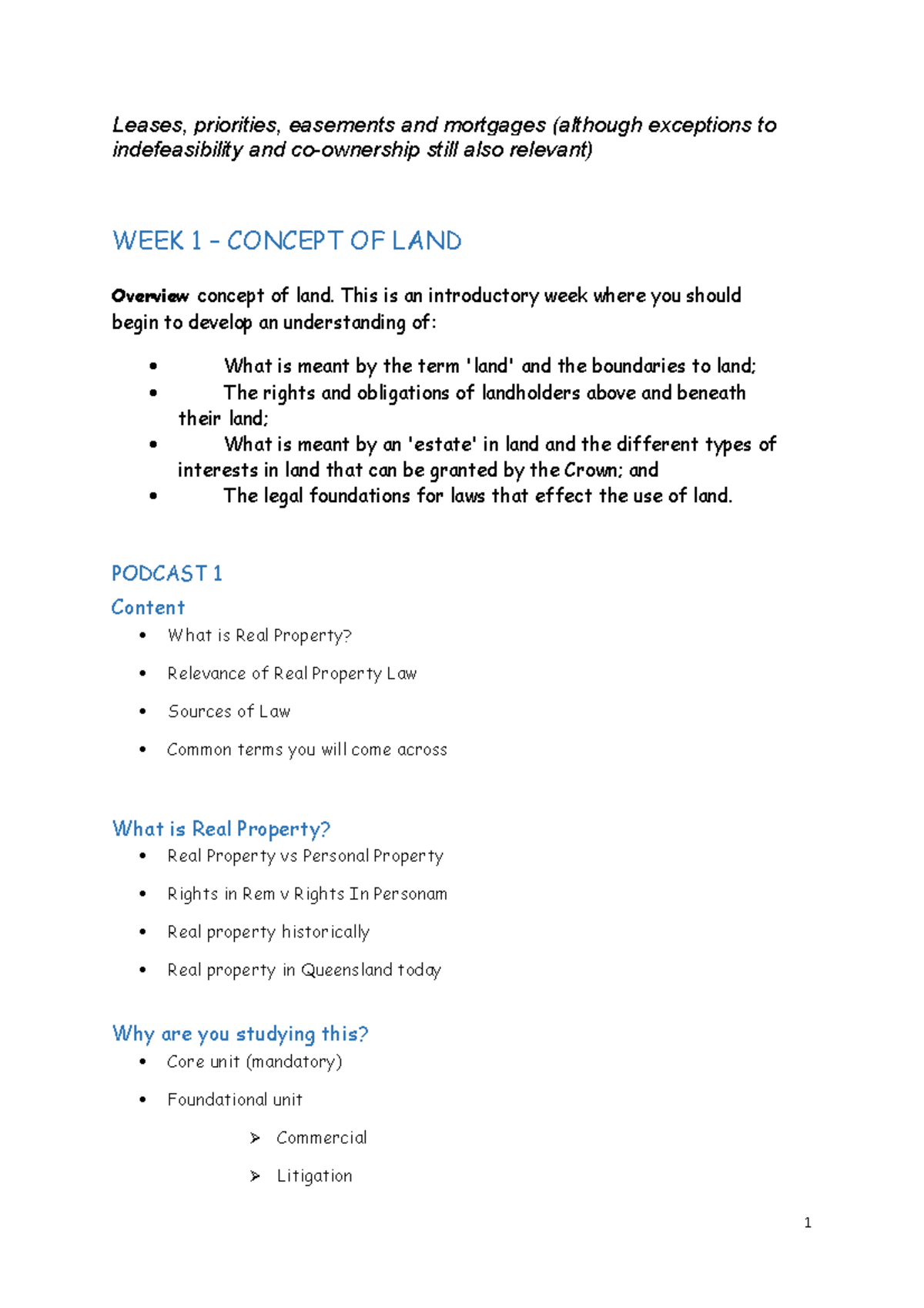 Lecture Notes REAL Property LAW Leases, priorities, easements and mortgages (although