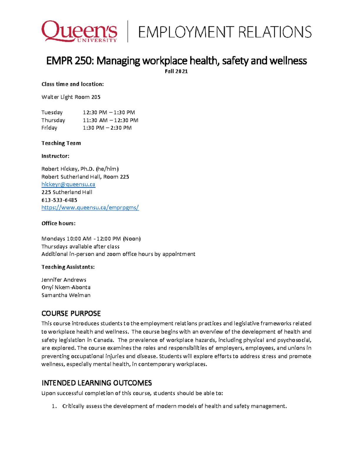 EMPR 250 Syllabus F 2021 - EMPR 250: Managing workplace health, safety ...