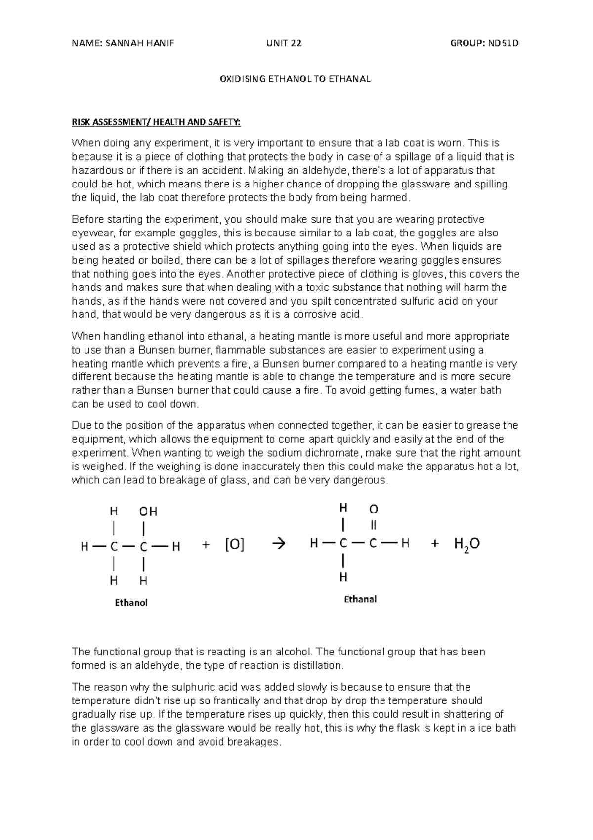 Oxidising Ethanol TO Ethanal - OXIDISING ETHANOL TO ETHANAL RISK ...