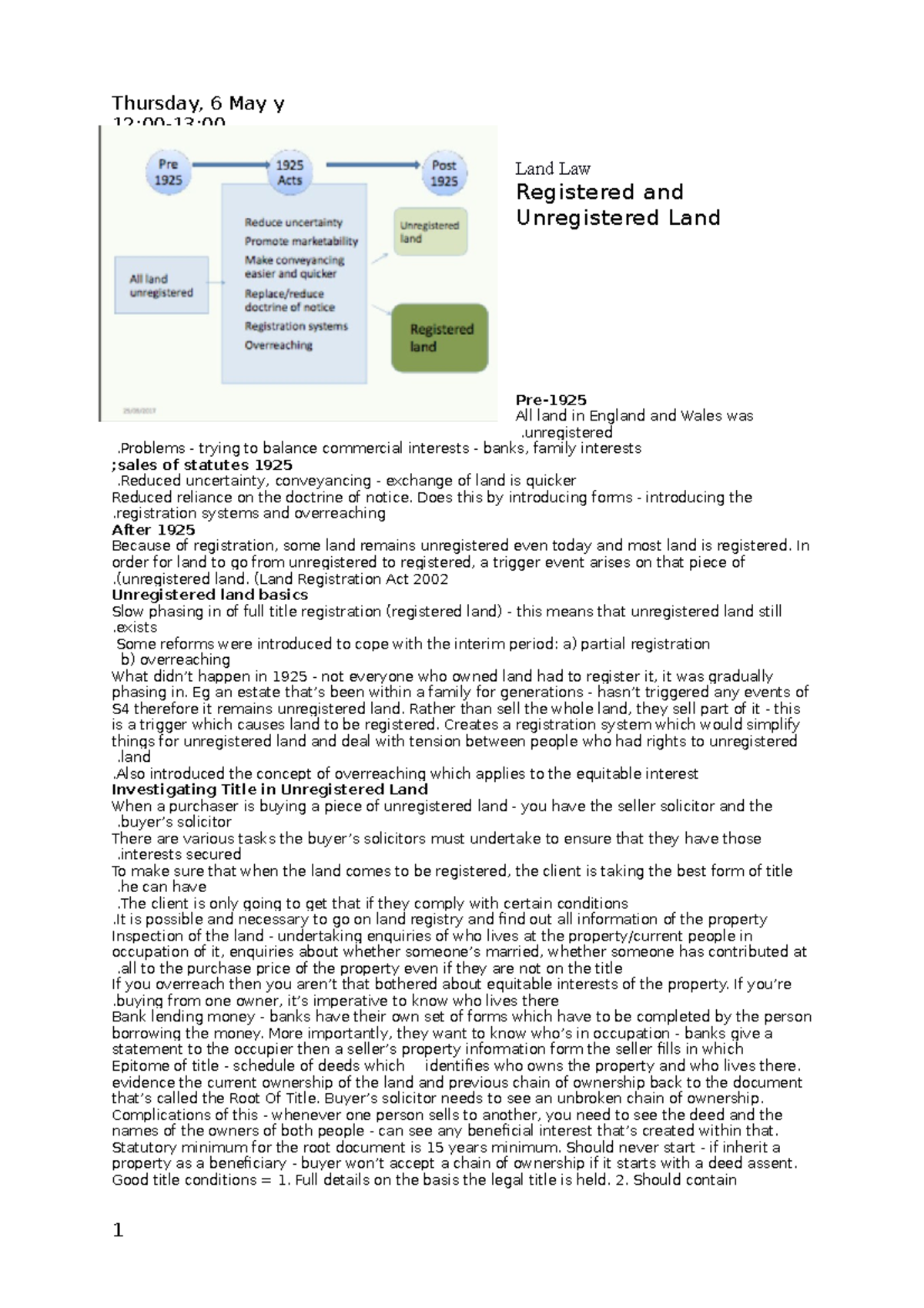 L5. Land Law 4 Oct 12 till 1pm - Sunday, 25 April y 12:00-13: Ms A ...