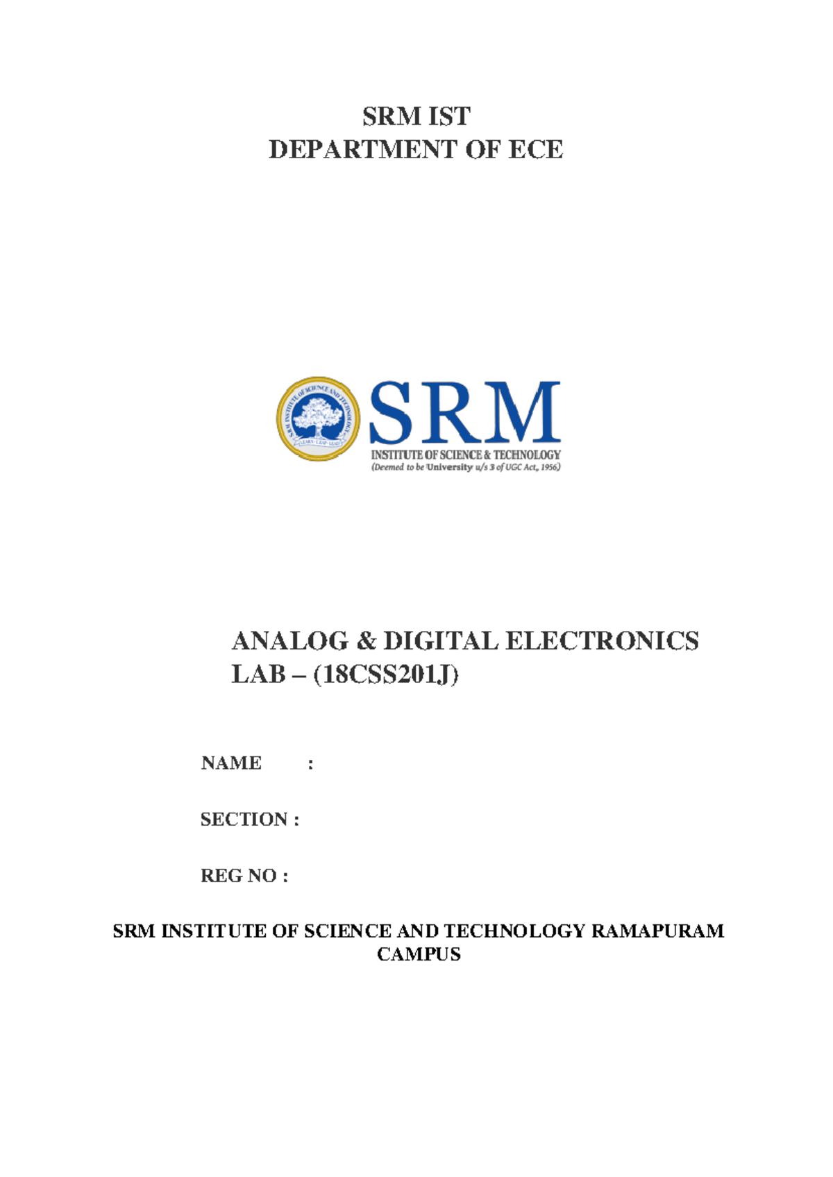 Lab Manual Analog Digital Electronics Lab - (18CSS201J) - SRM IST ...