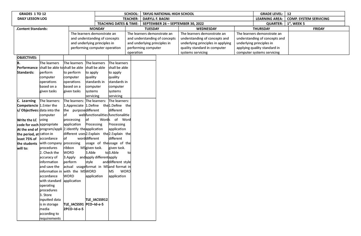 CSS DLL Q1 WEEK 5 Lesson Log GRADES 1 TO 12 DAILY LESSON LOG SCHOOL 