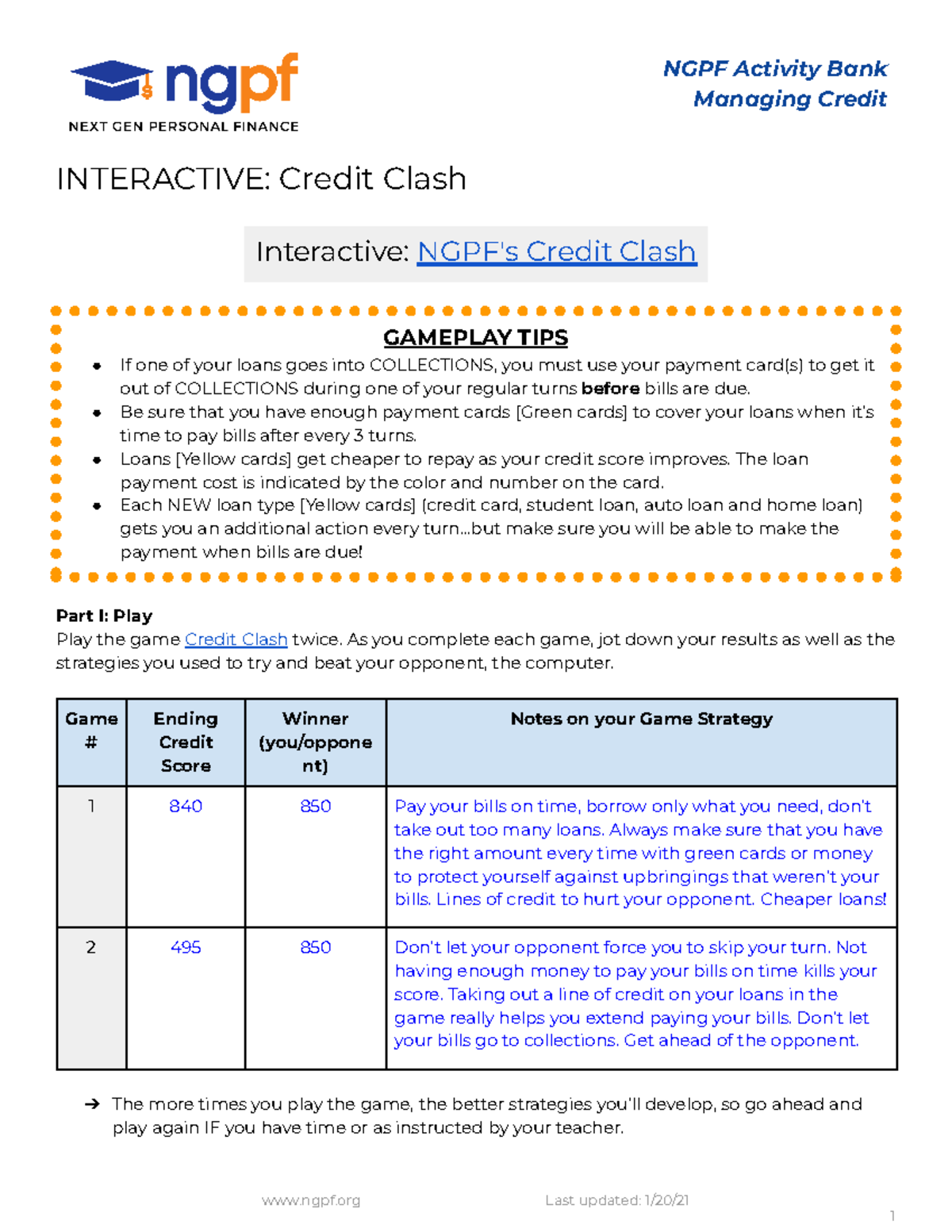 Copy of Interactive Credit Clash - NGPF Activity Bank Managing Credit ...