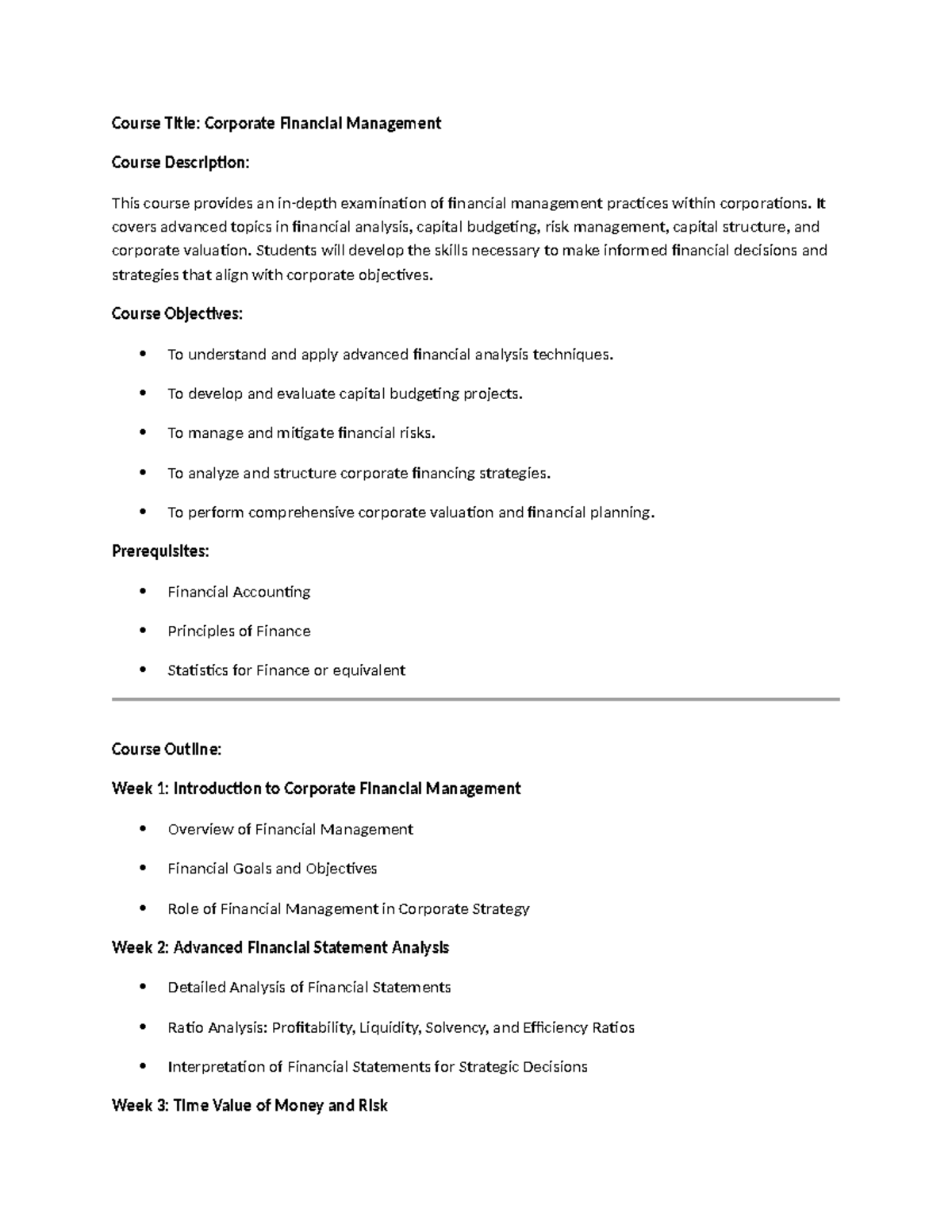 Finance Course outline - Course Title: Corporate Financial Management ...