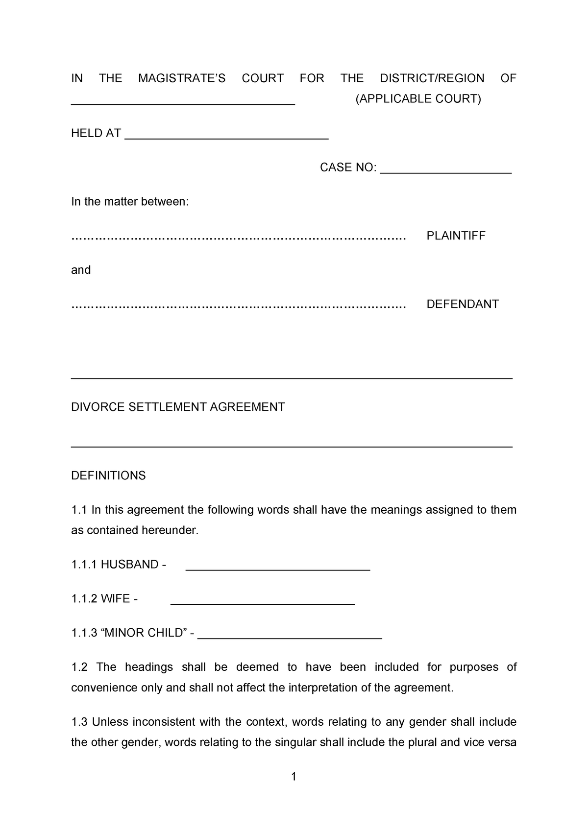 Divorce Settlement Agreement - IN THE MAGISTRATE’S COURT FOR THE ...