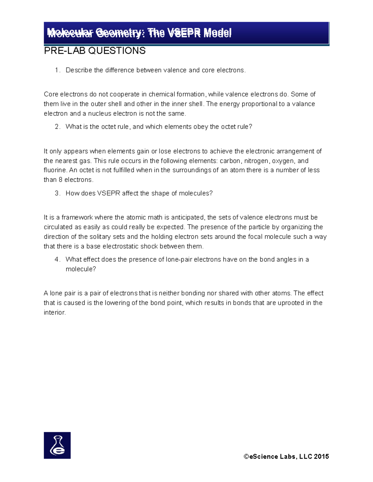 Lab 5 Molecular Models of Neutral Molecules PRELAB QUESTIONS