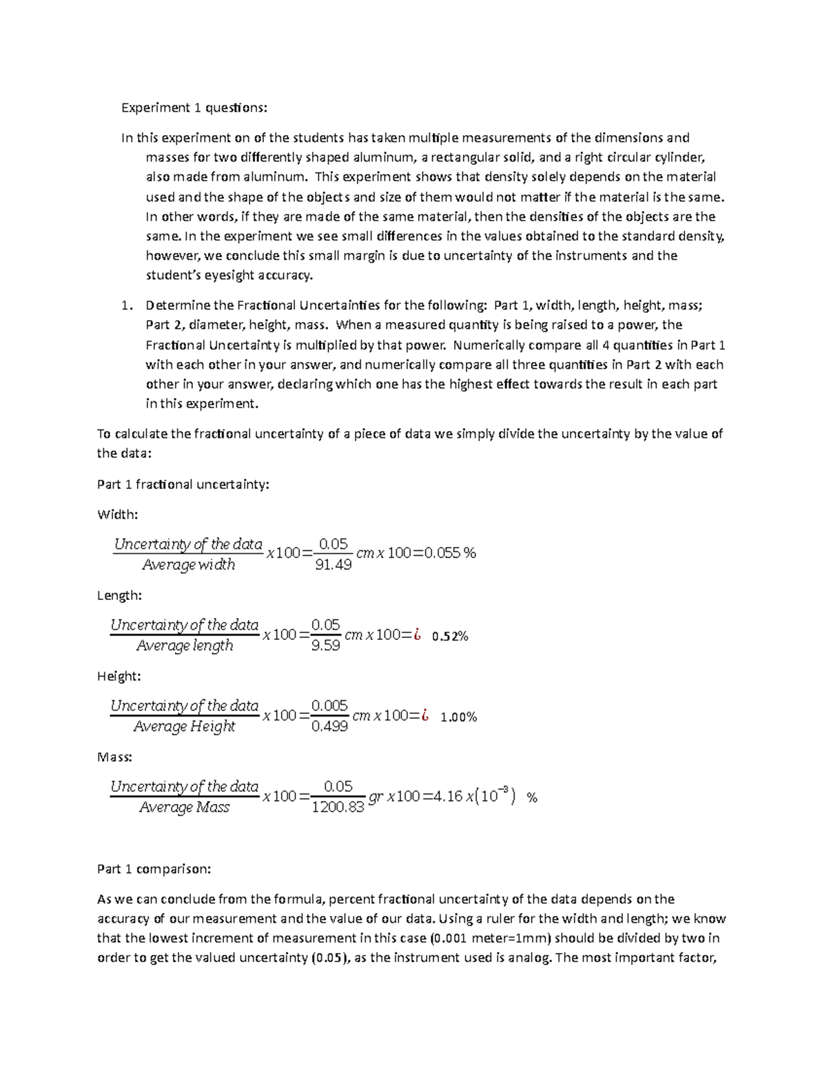 Exp One Phy - This Is An Iolab, Lab Report. - Experiment 1 Questions 