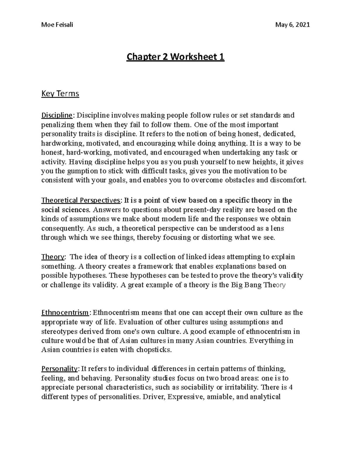 Chapter 2 Worksheet 1 - this is an assignment - Moe Feisali May 6, 2021 ...