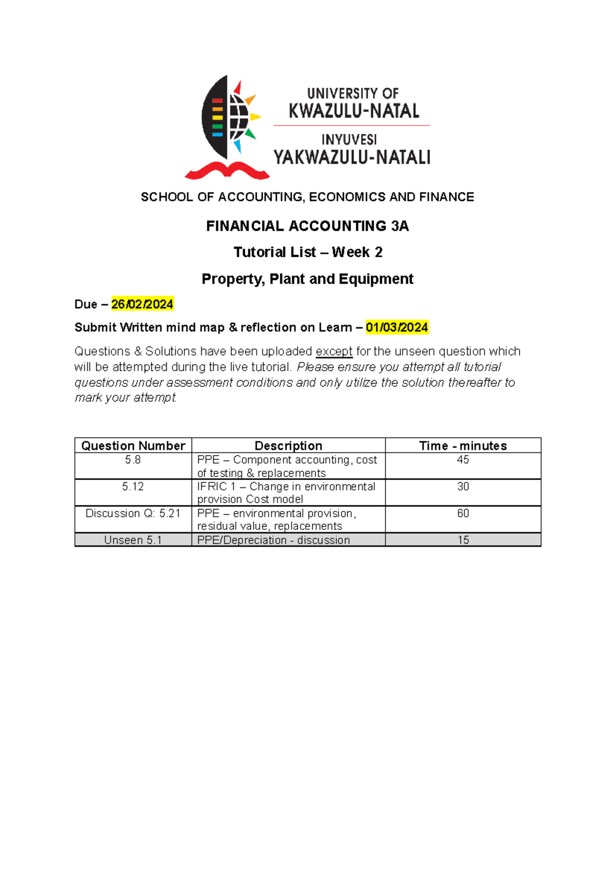 Week 2 Tutorial List - Tuts - SCHOOL OF ACCOUNTING, ECONOMICS AND ...