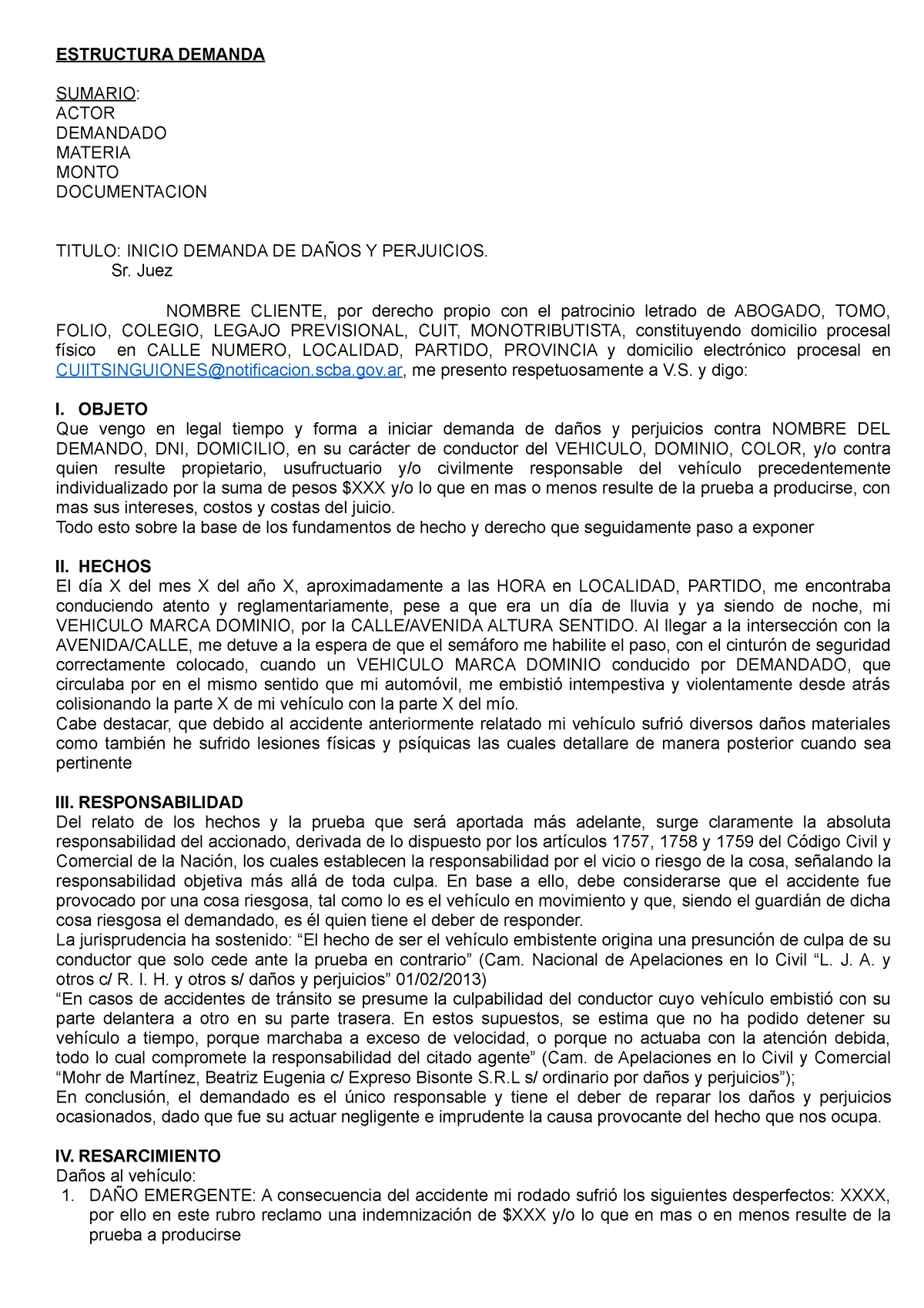 Estructura Demanda - ESTRUCTURA DEMANDA SUMARIO: ACTOR DEMANDADO ...