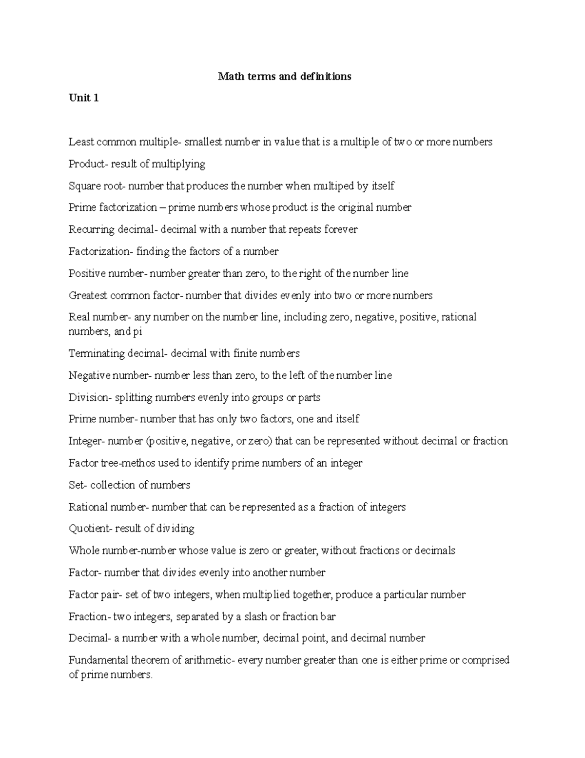 Math terms I D126 notes Math terms and definitions Unit 1 Least