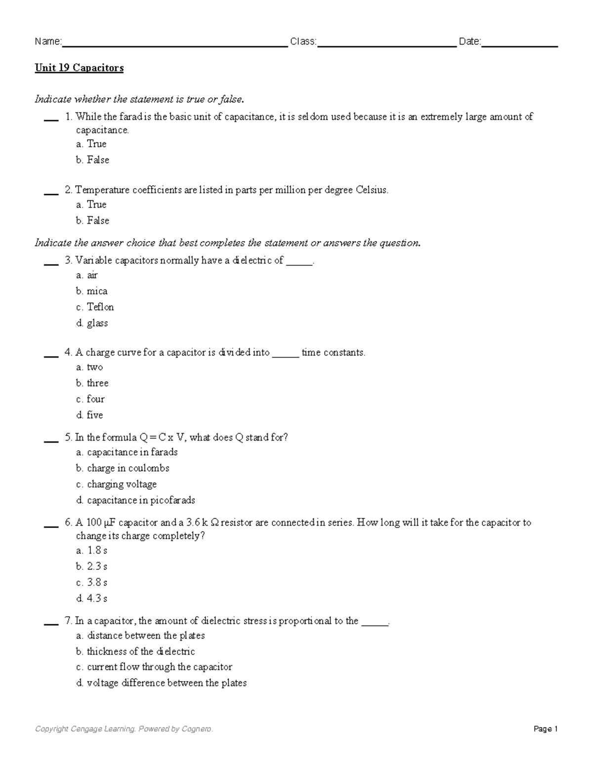 Unit 19 Capacitors electrical block practice Indicate whether the