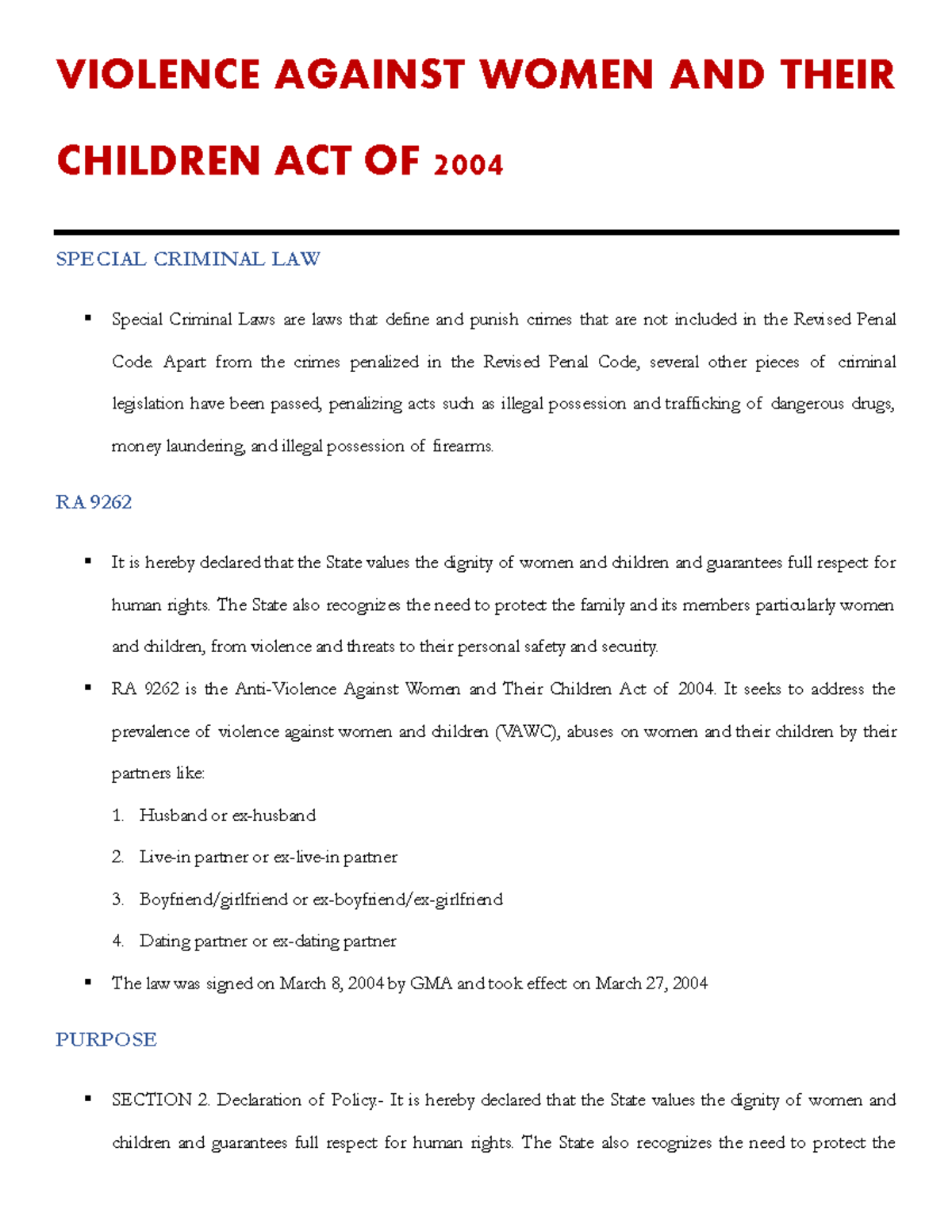 VAWC - Notes for WAVC - VIOLENCE AGAINST WOMEN AND THEIR CHILDREN ACT ...