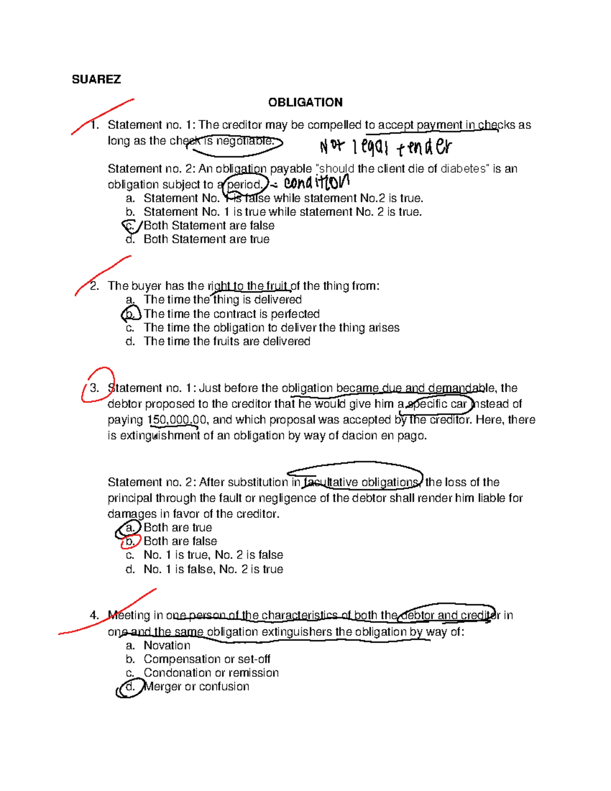 Suarez questions - oblicon - SUAREZ OBLIGATION Statement no. 1: The ...