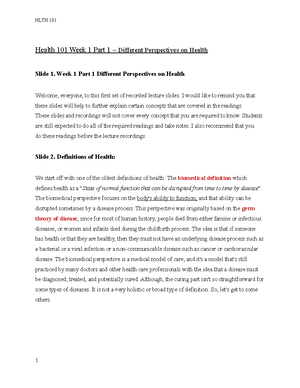 HLTH 101 Week 2 - Week 1 Lecture Notes For Introduction To Health ...