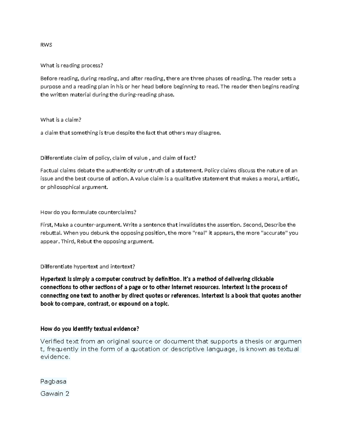 RWS - nothing - RWS What is reading process? Before reading, during ...