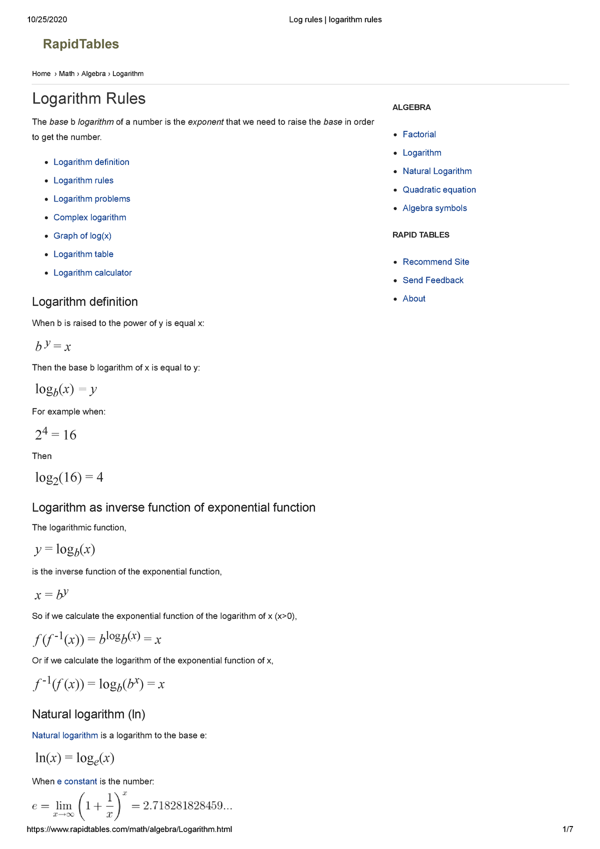 Log rules logarithm rules - RapidTables Home › Math › Algebra ...