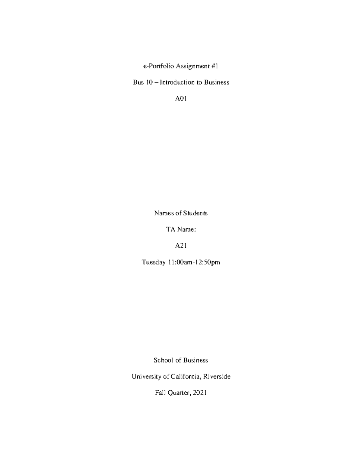 E - portfolio Assignment Sample - e-Portfolio Assignment # Bus 10 ...
