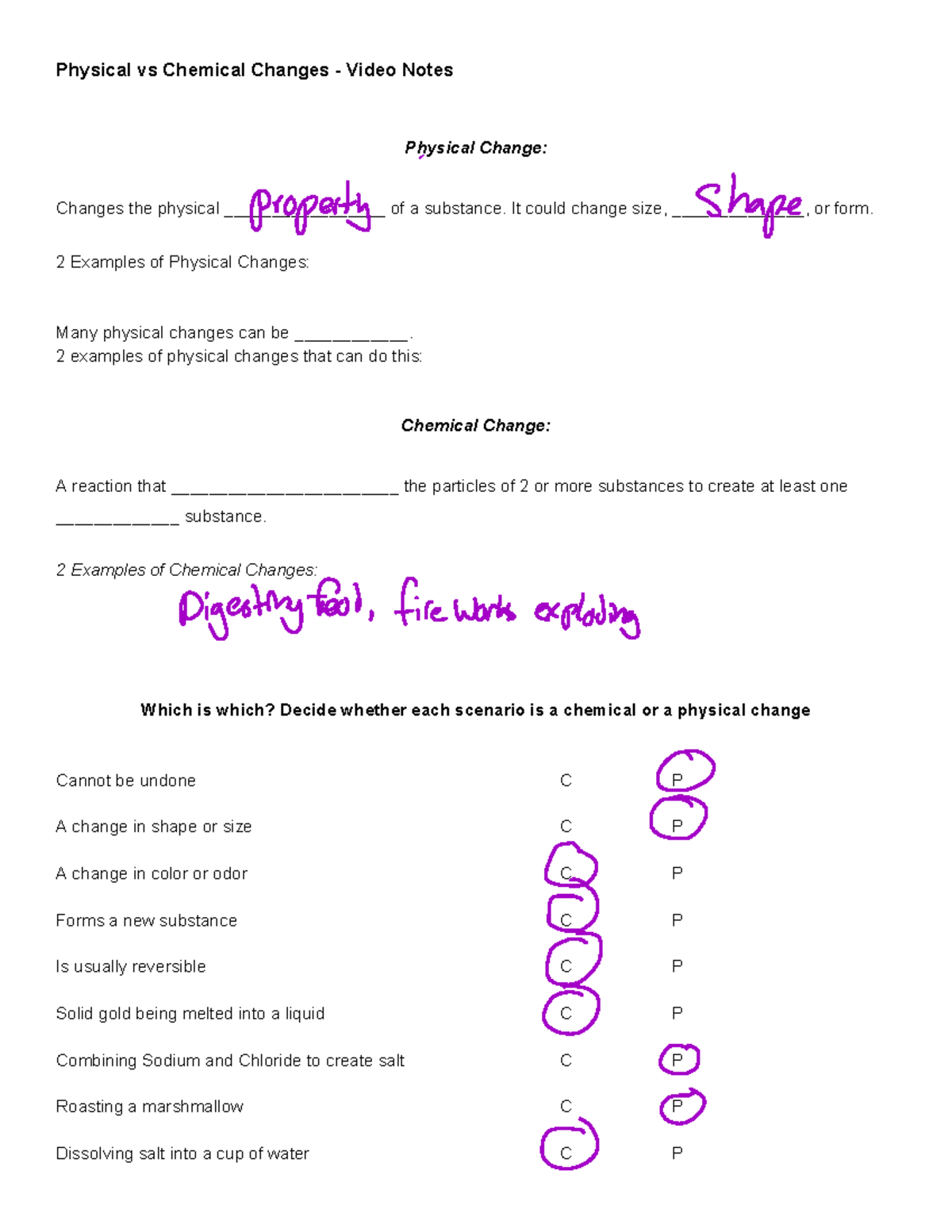 Copy of Physical vs Chemical Change Video Wkst - Physical vs Chemical ...
