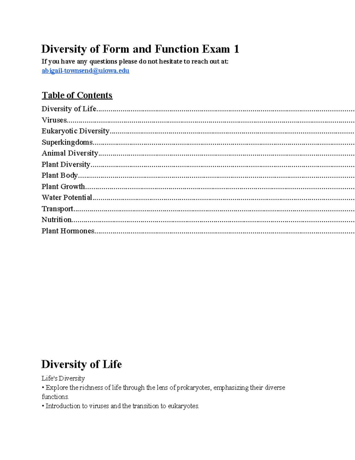 Diversity of Form and Function Exam 1 Study Guide - Diversity of Form ...