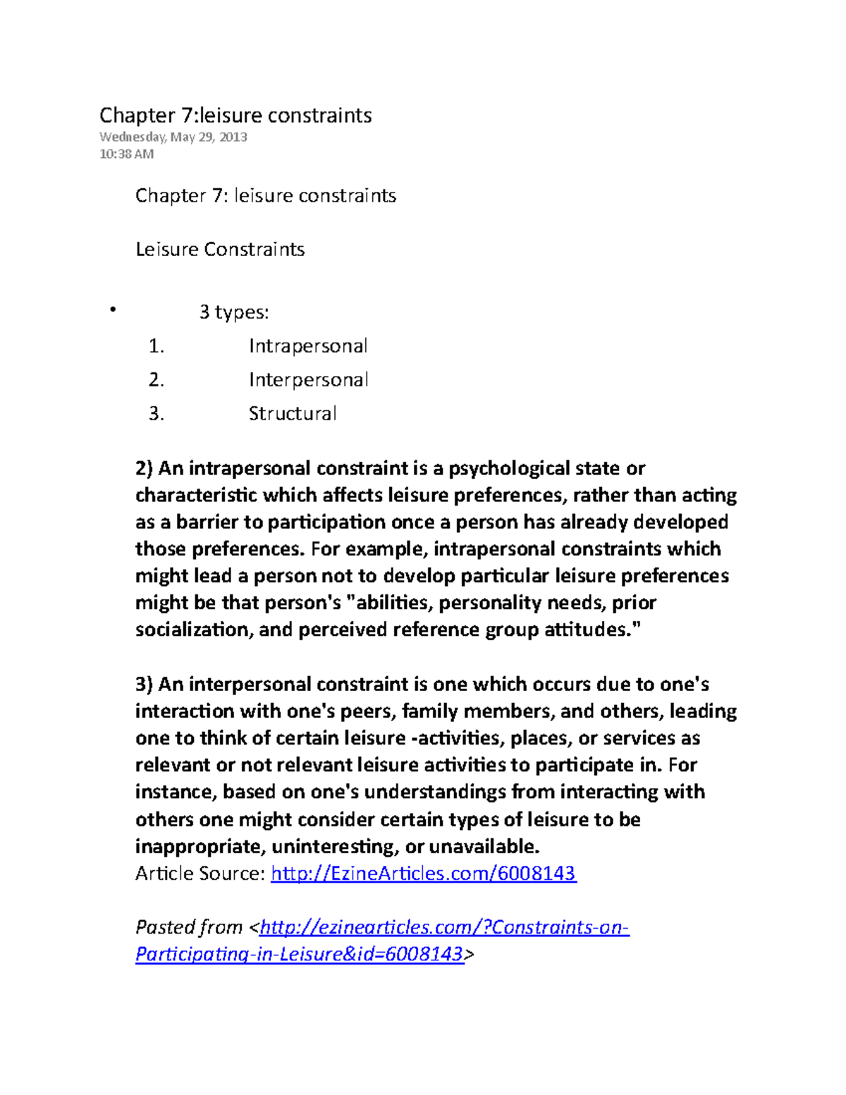 Chapter 7 leisure constraints Chapter 7leisure constraints Wednesday