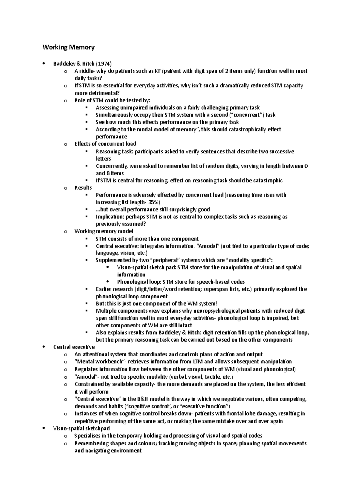 Working Memory - Working Memory Baddeley & Hitch (1974) o A riddle- why ...