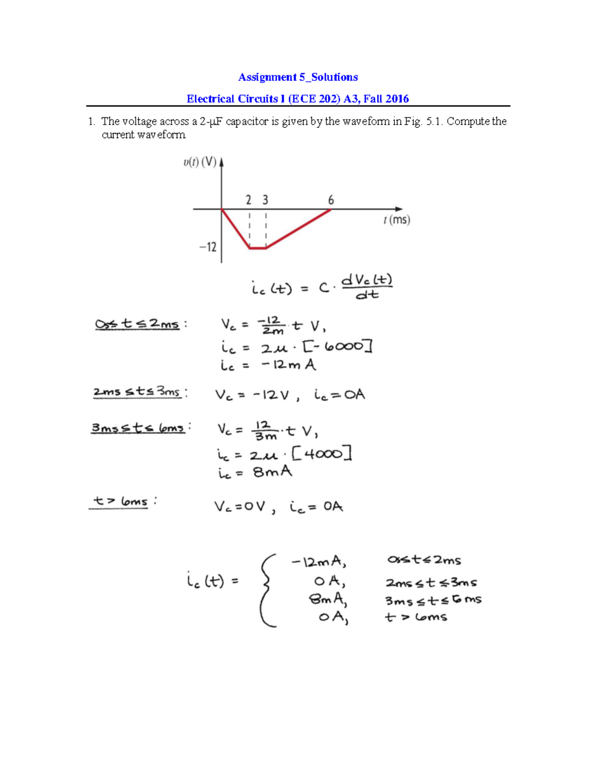 Assignment 5 Solutions - Electrical Circuits I - 2917/2018 - Assignment ...