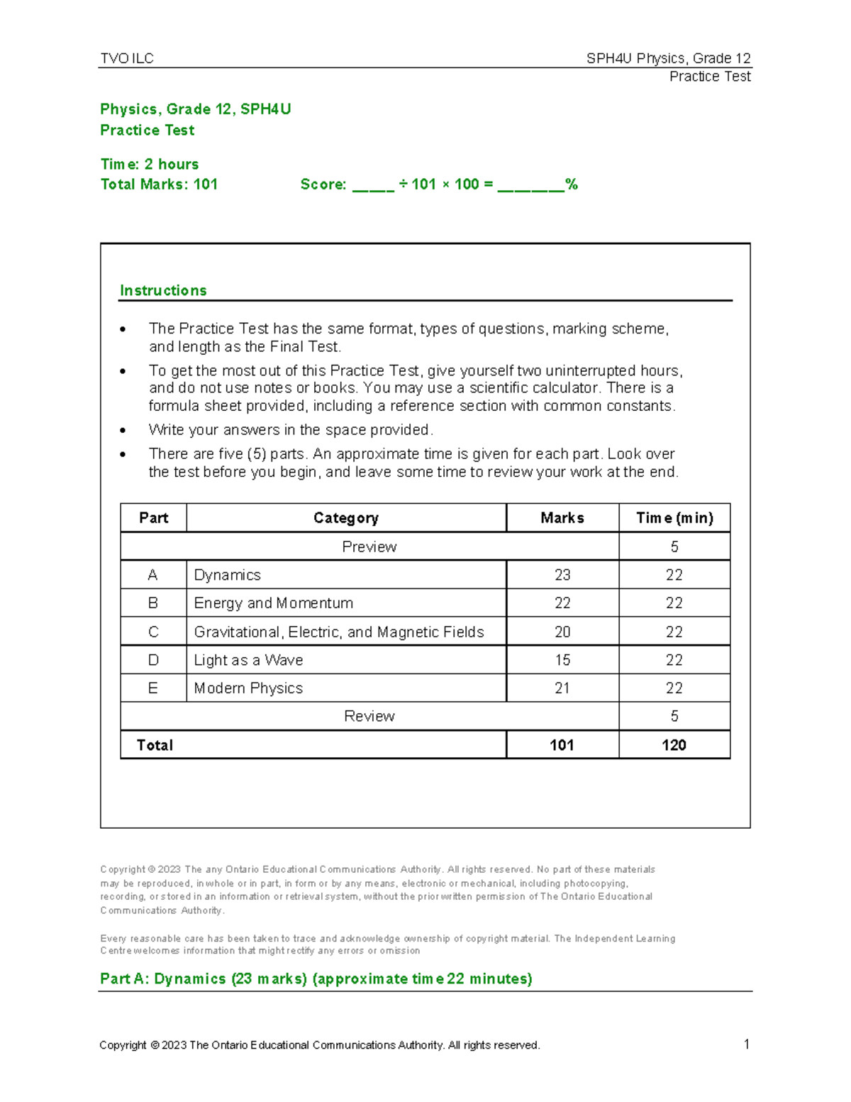 SPH4U Practice Test Suggested Answers - Practice Test Physics, Grade 12 ...