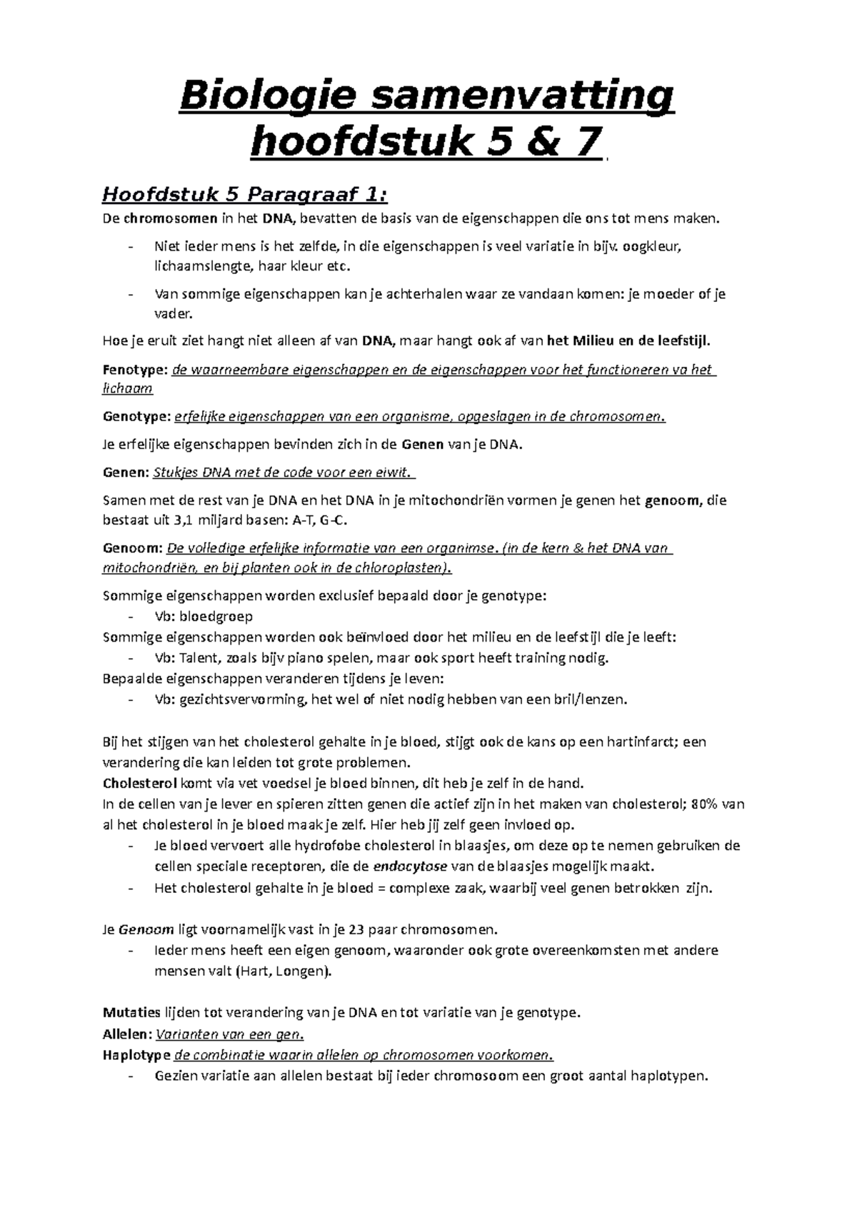 Biologie Samenvatting H5 & H7 - Biologie Samenvatting Hoofdstuk 5 & 7 ...