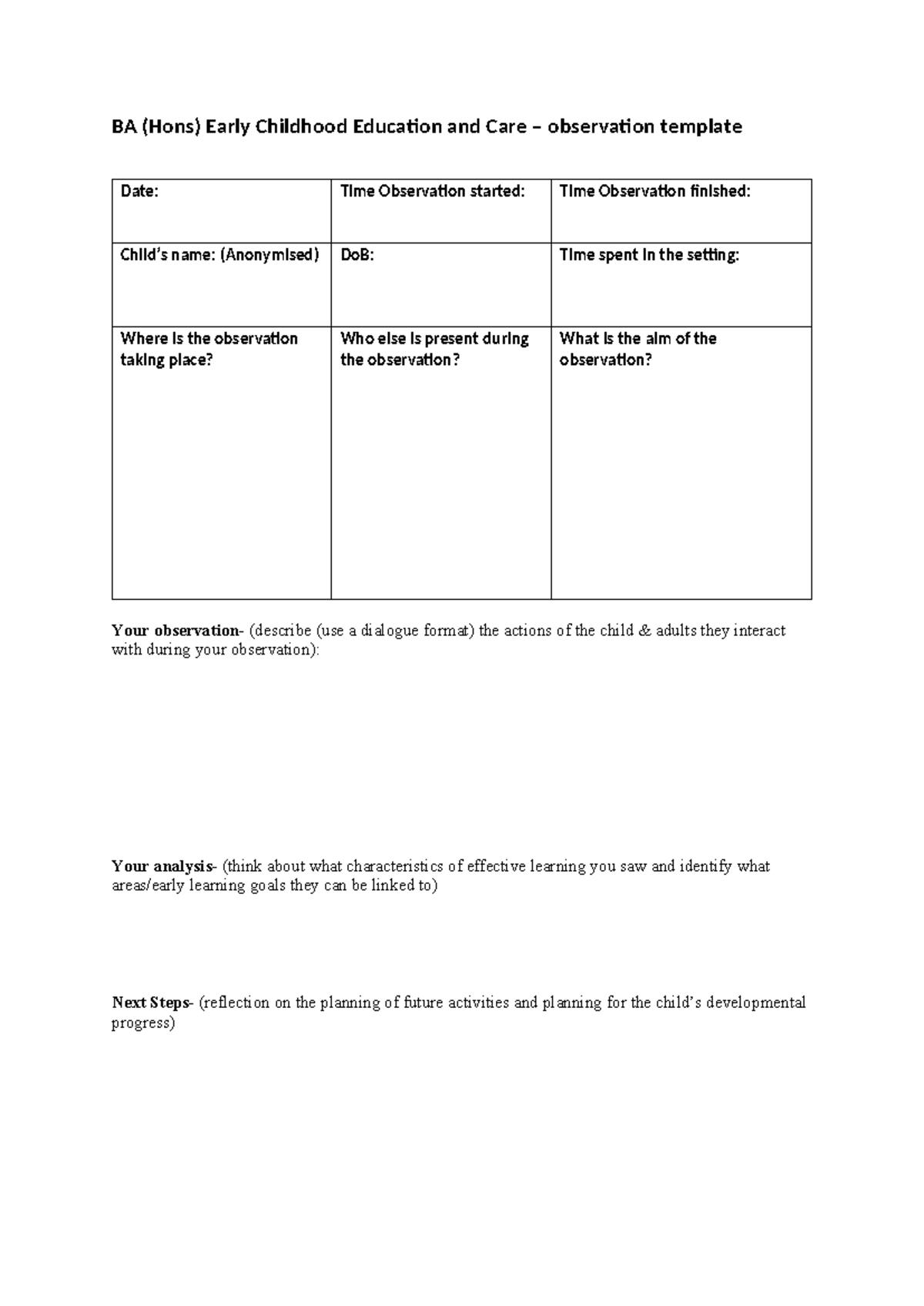 KY412 Rev. Observation Template Jan 2023 (2) - BA (Hons) Early ...