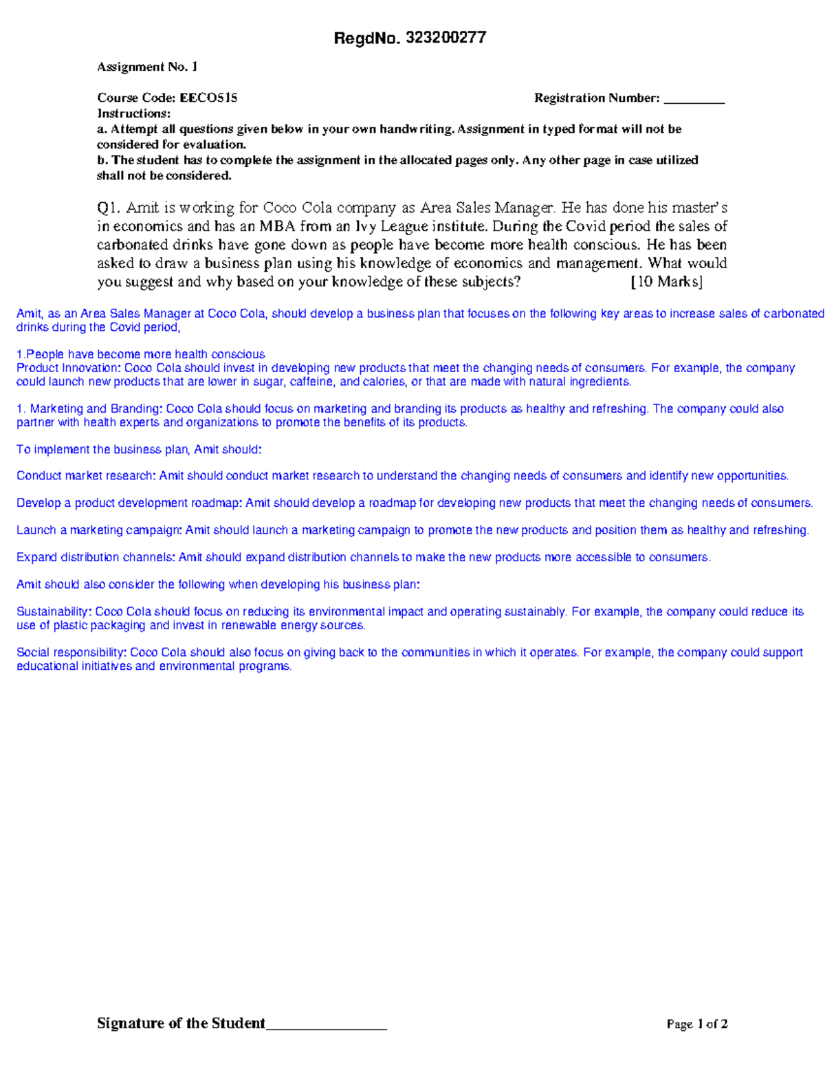 EECO515 23241 assignments - RegdNo. 323200277 Signature of the Student ...