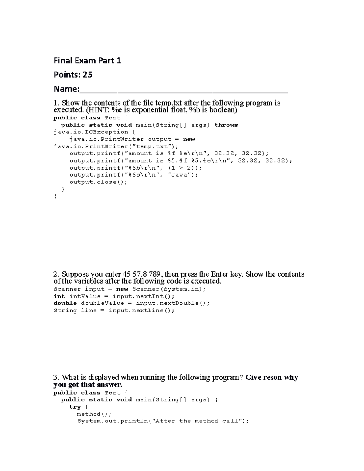 Final Exam Part 1 - My Computer Science Test - Final Exam Part 1 Points ...