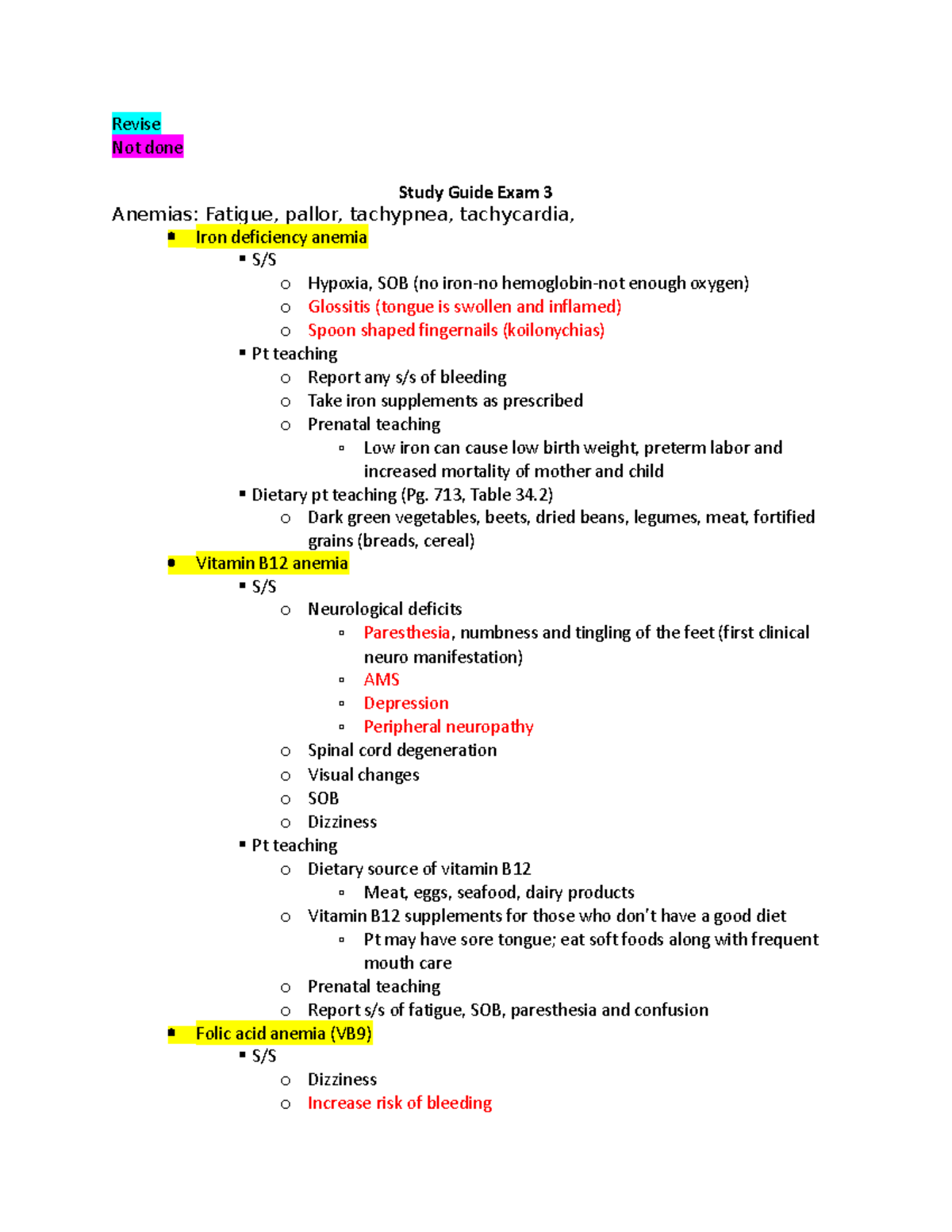 Exam 3 Study Guide 335 - Revise Not Done Study Guide Exam 3 Anemias ...